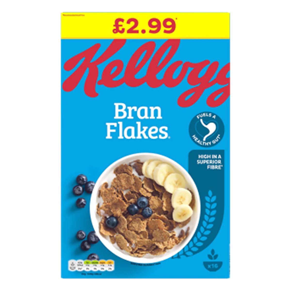 A box of Kelloggs - Bran Flakes Cereal - 500g with a price tag of £2.99, depicting the cereal with bananas and blueberries in a bowl.