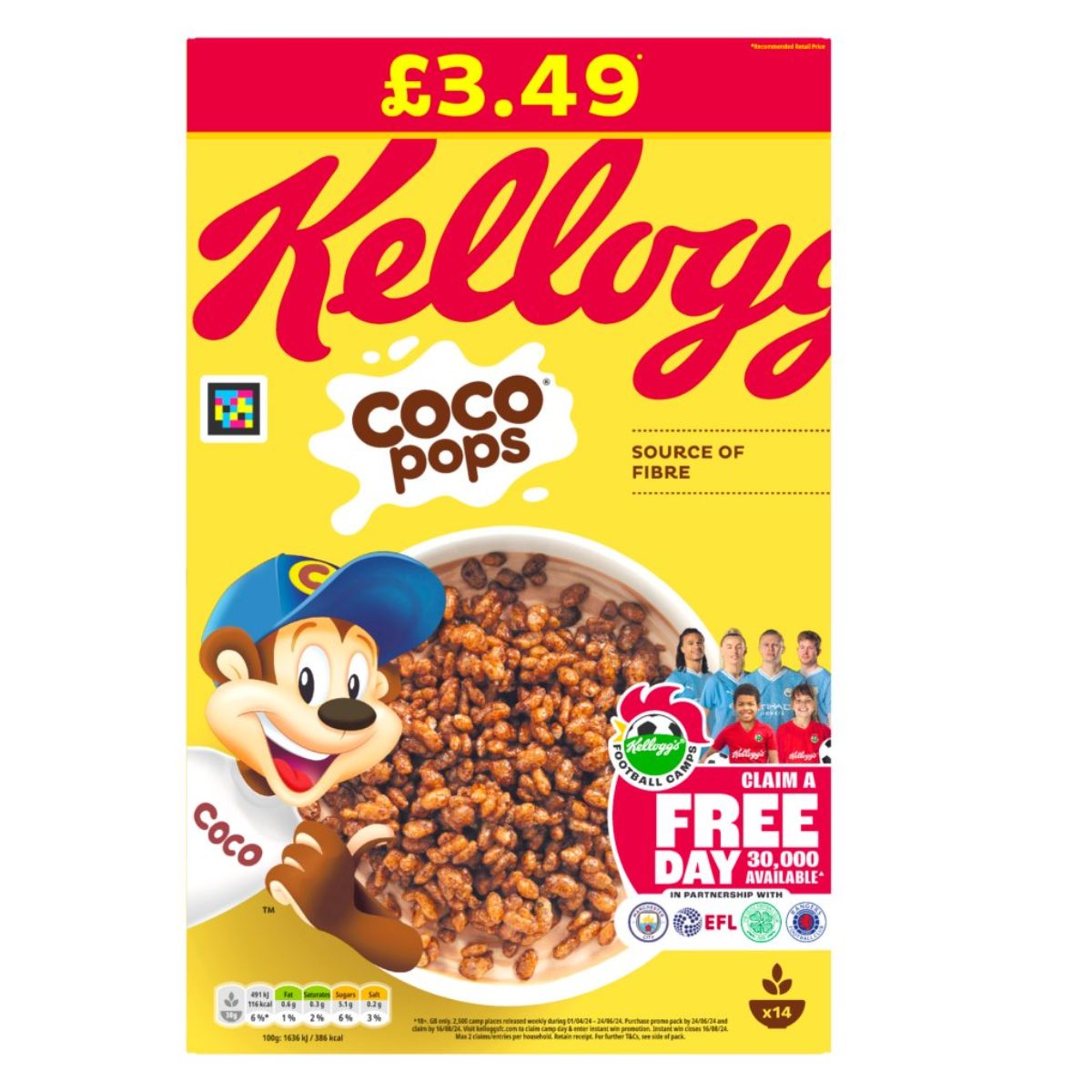 Kelloggs - Coco Pops - 420g cereal box displaying a price of £3.49, the mascot coco the monkey, and a promotional offer for a free day out.