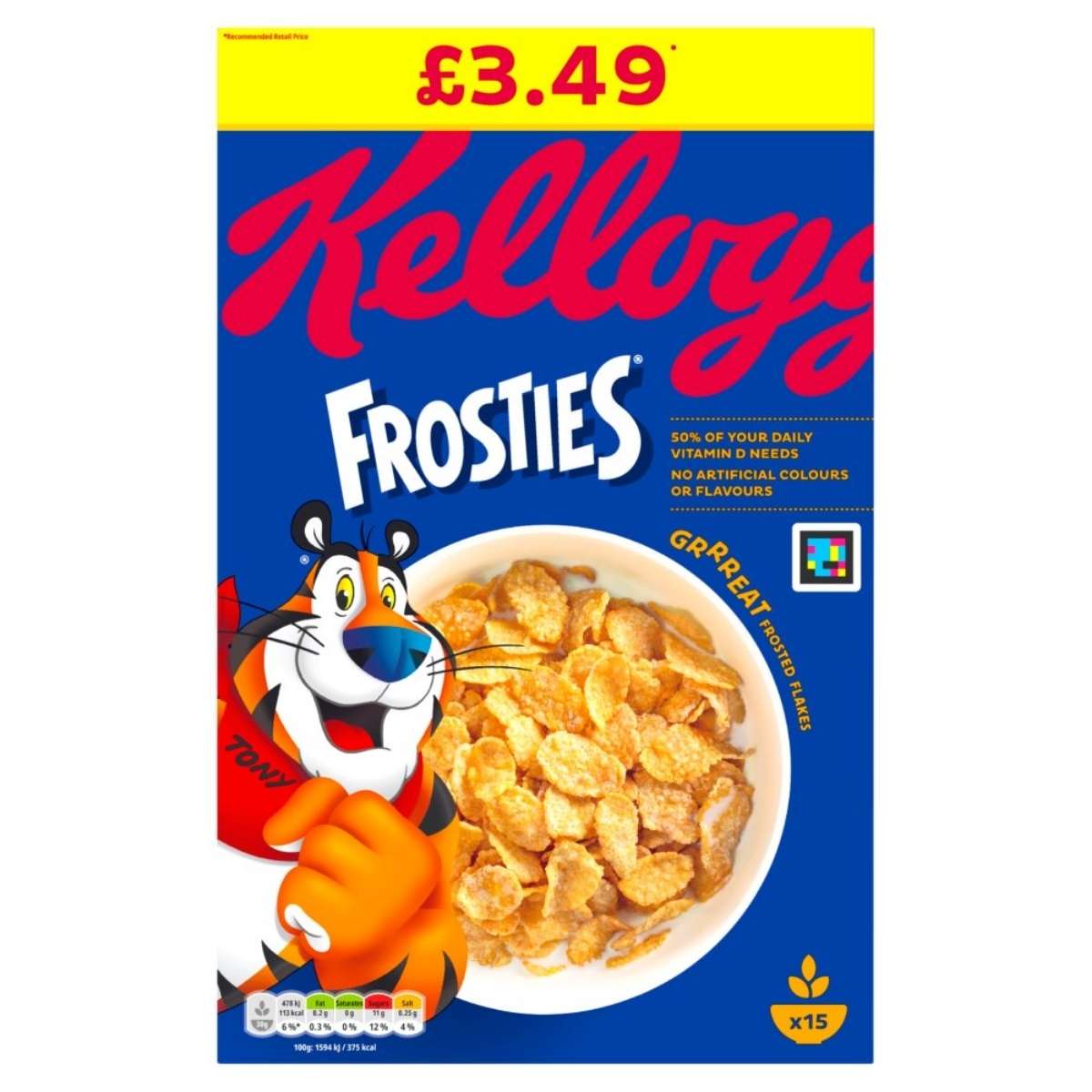 The Kellogg's - Frosties Breakfast Cereal - 470g box, featuring Tony the Tiger, is priced at £3.49. Enjoy 15 servings enriched with added vitamins like Vitamin D and natural grains for a delicious start to your day. The Kellogg's - Frosties Breakfast Cereal - 470g box, featuring Tony the Tiger, is priced at £3.49. Enjoy 15 servings enriched with added vitamins like Vitamin D and natural grains for a delicious start to your day.