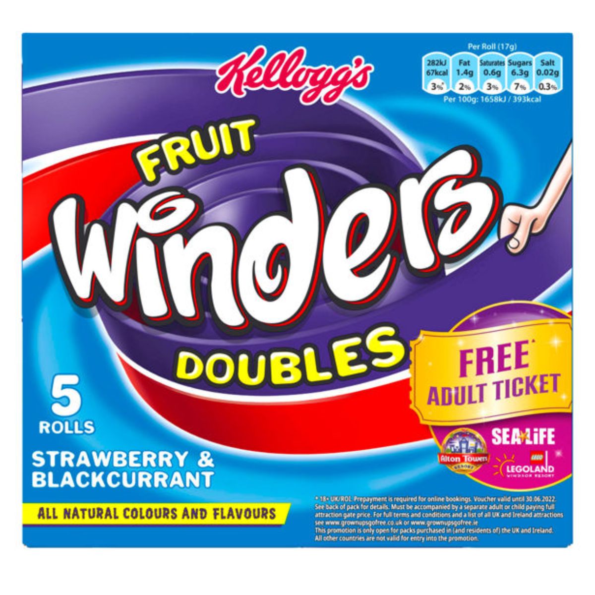 Product packaging for Kelloggs - Fruit Winders Doubles Strawberry & Blackcurrant Rolls - 5 x 17g, displaying nutritional information and a free ticket offer.
