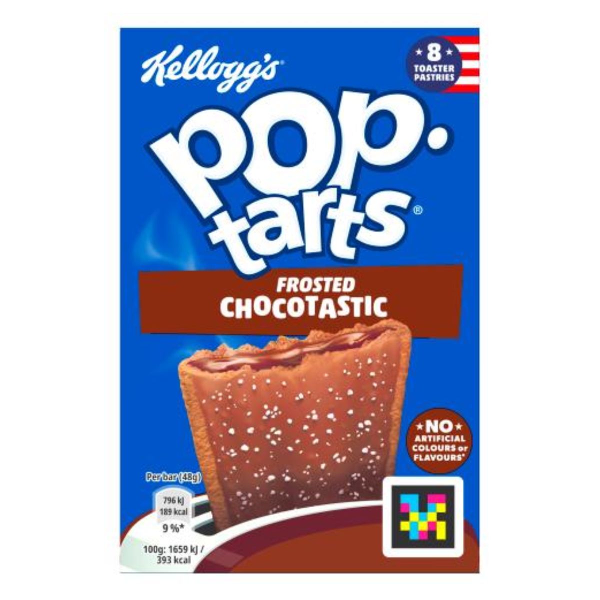 A box of Kellogg's Pop-Tarts Frosted Chocotastic, showcasing a pastry image, nutritional icons, and an American flag emblem with the label "8 x 48g. A box of Kellogg's Pop-Tarts Frosted Chocotastic, showcasing a pastry image, nutritional icons, and an American flag emblem with the label "8 x 48g.