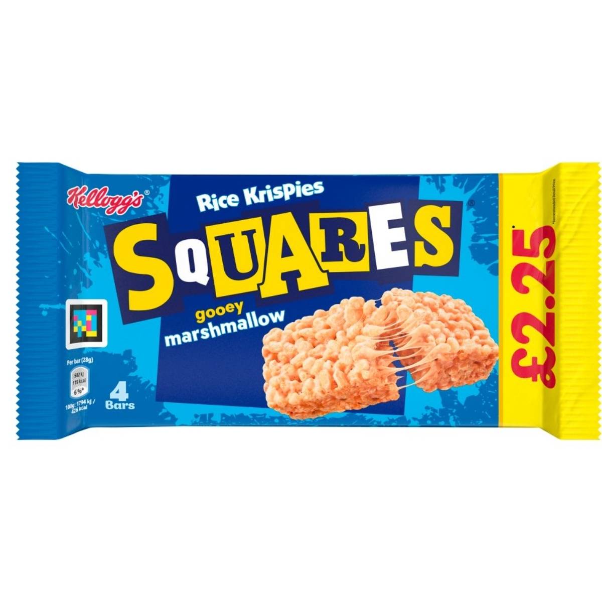 A pack of Kellogg's Rice Krispies Squares Marshmallow, consisting of four 28g bars and made with toasted rice cereal, is priced at £2.25. A pack of Kellogg's Rice Krispies Squares Marshmallow, consisting of four 28g bars and made with toasted rice cereal, is priced at £2.25.