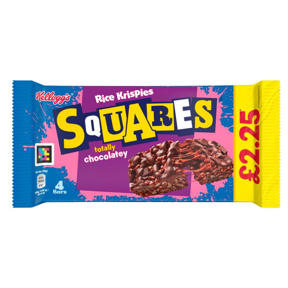 Sentence with replaced product: Package of Kellogg's - Rice Krispies Squares Totally Chocolatey - 4 x 36g, showing a close-up of the bar with a price of £2.25.