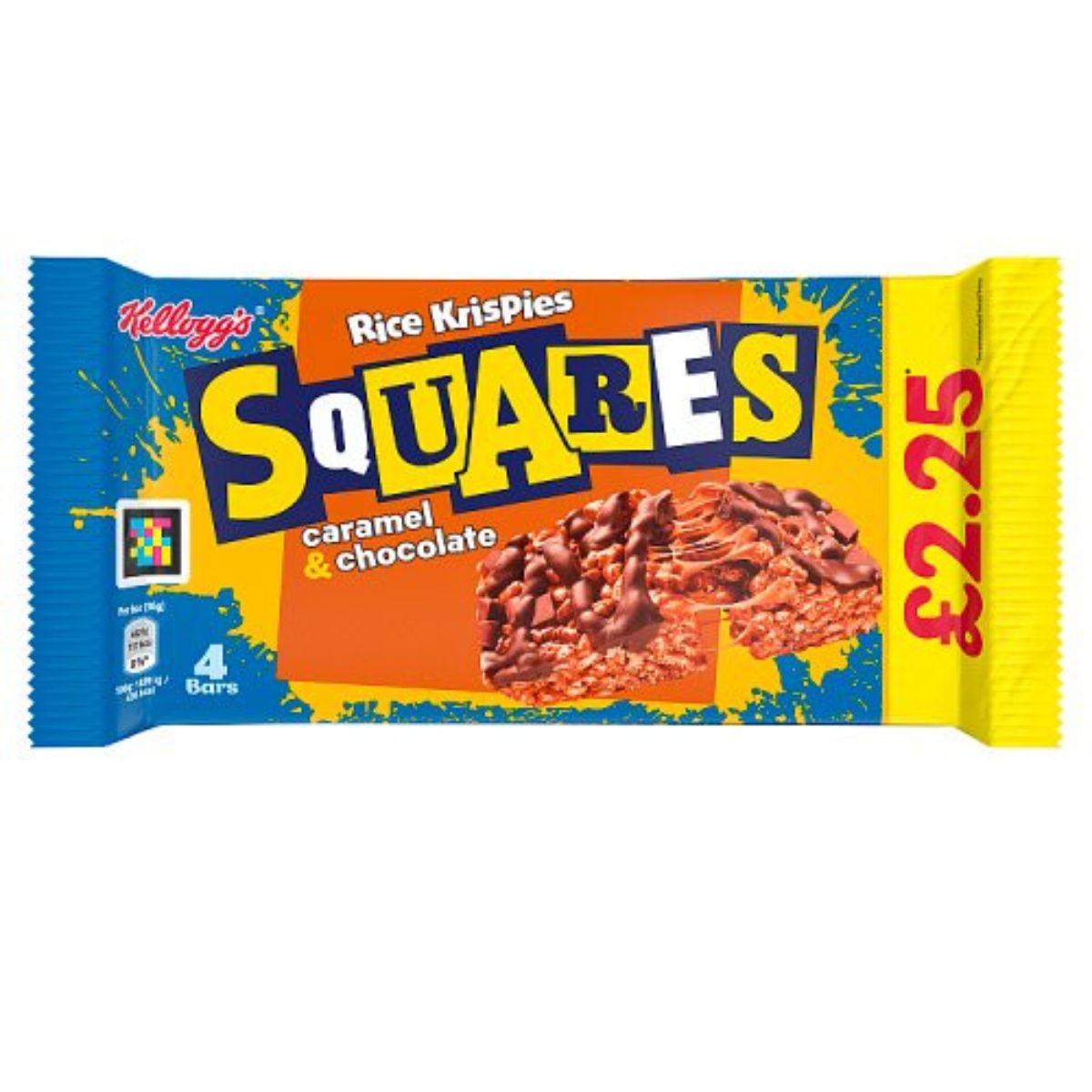 Packaging of Kelloggs - Squares Rice Krispies - 4 x 36g, caramel & chocolate flavor, with a prominent price tag of £2.25.