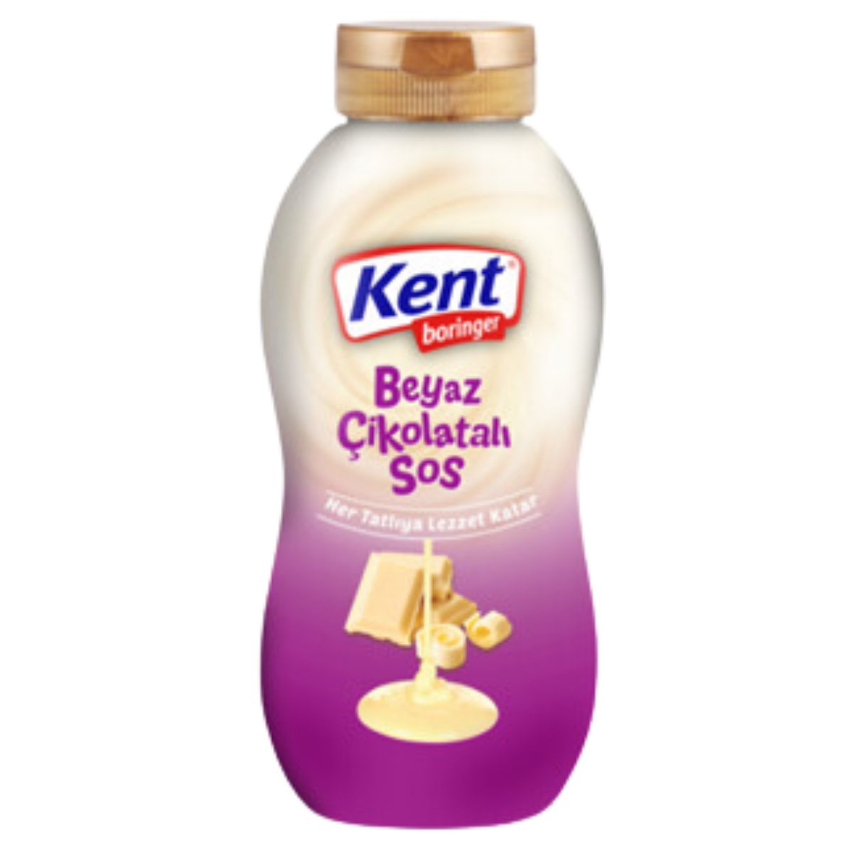 A bottle of Kent - Boringer White Chocolate Sauce - 325g on a purple background.