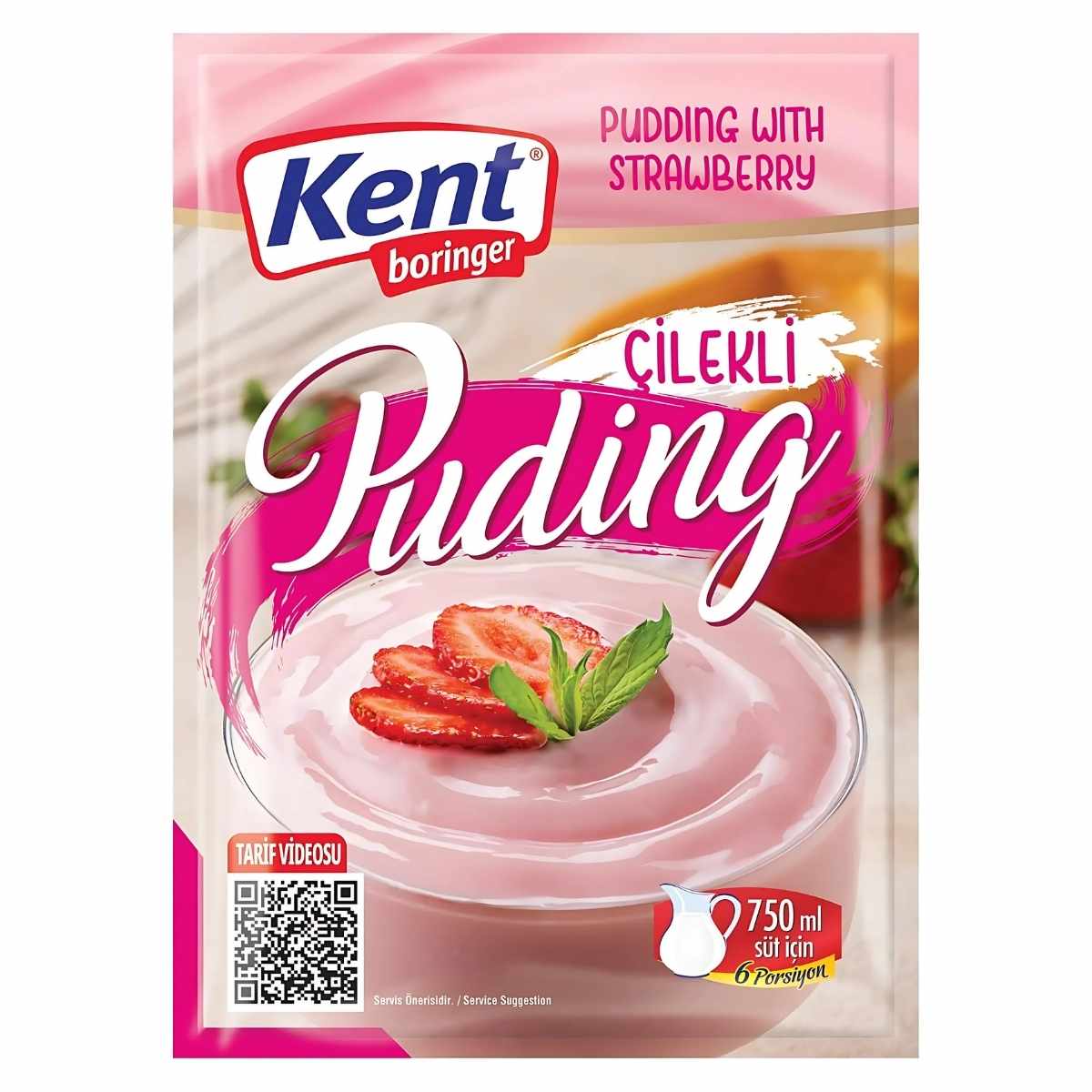 A 125g packet of Kent Boringer Strawberry Pudding mix with an image of pink dessert topped with strawberries and mint; the packaging displays preparation instructions and Kent Boringer branding. A 125g packet of Kent Boringer Strawberry Pudding mix with an image of pink dessert topped with strawberries and mint; the packaging displays preparation instructions and Kent Boringer branding.