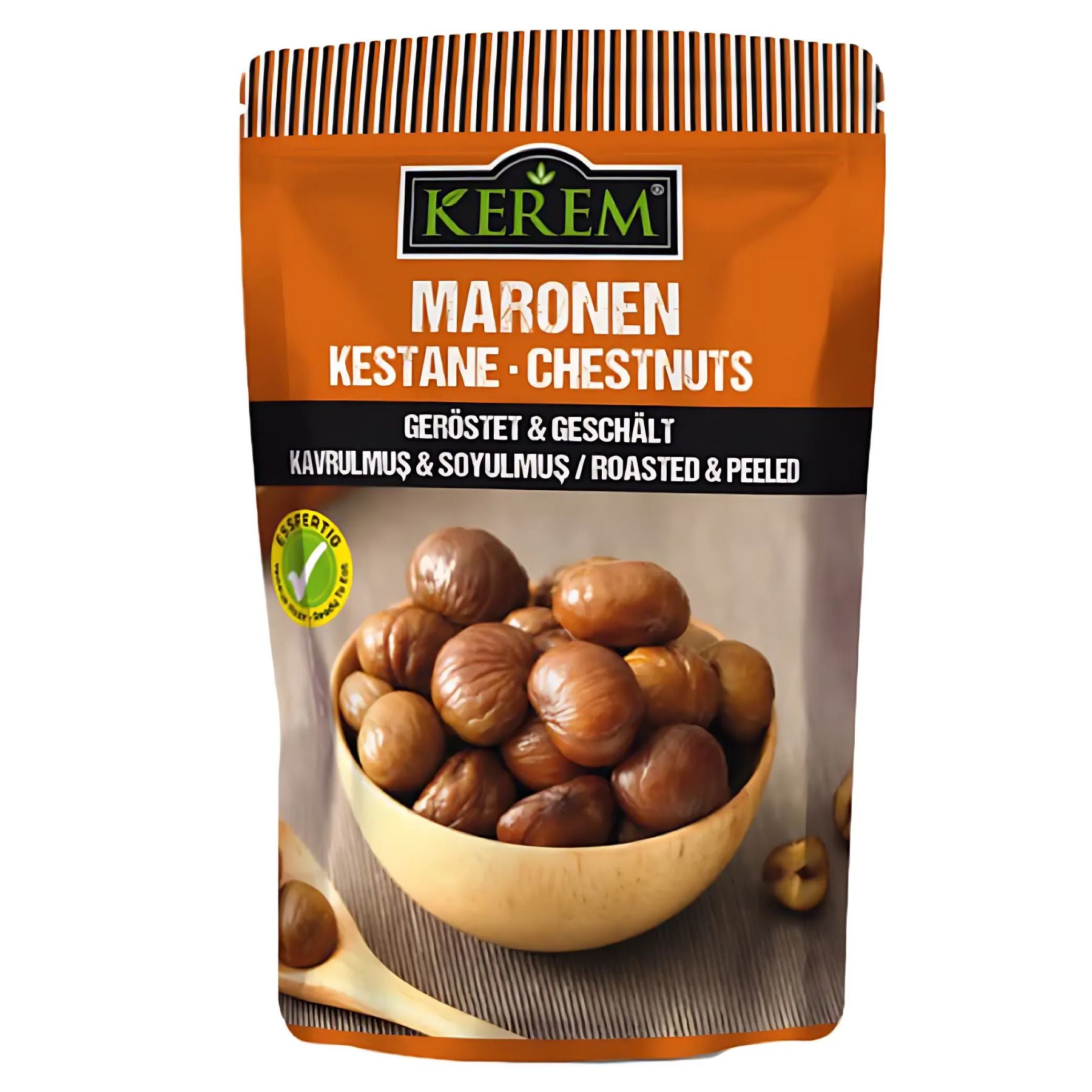 A 125g package of Kerem Chestnuts Peeled is shown, displaying a bowl of chestnuts on the front and product details in several languages. A 125g package of Kerem Chestnuts Peeled is shown, displaying a bowl of chestnuts on the front and product details in several languages.