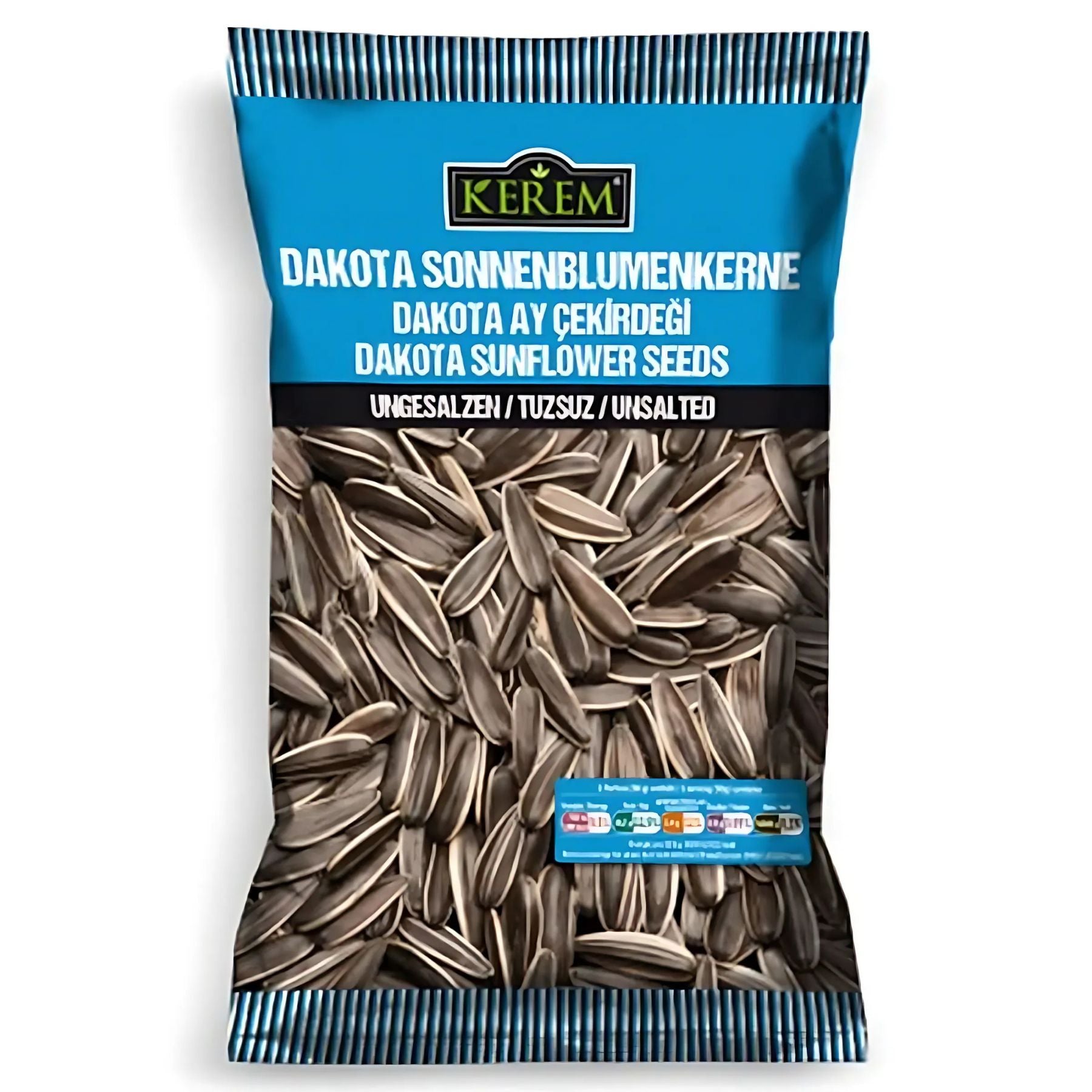 A 150g blue bag of Kerem - Dakota Sunflower Seeds Unsalted, a healthy snack with sunflower seed images and multilingual packaging. A 150g blue bag of Kerem - Dakota Sunflower Seeds Unsalted, a healthy snack with sunflower seed images and multilingual packaging.