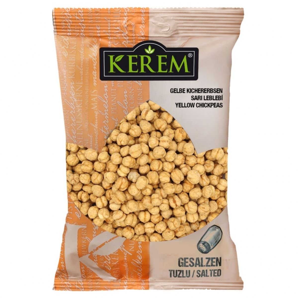 Kerem - Yellow Chickpeas - 225g in a bag on a white background.