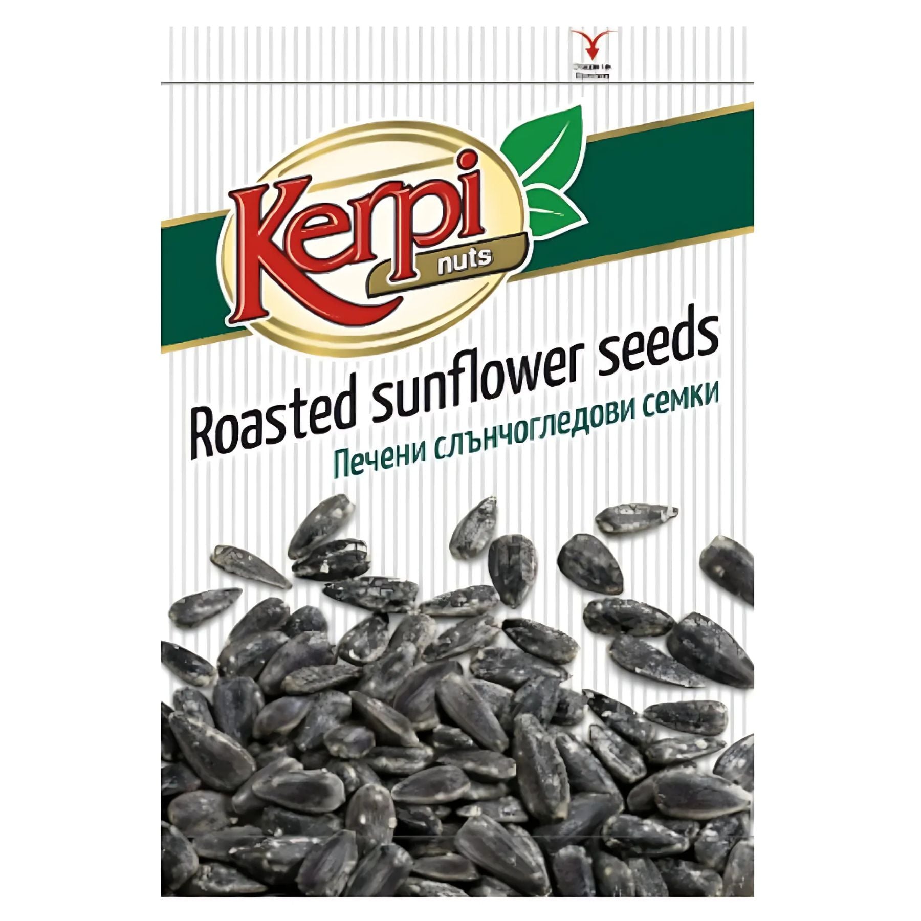 Kerpi - Roasted Sunflower Seeds 90g is a nutritious snack with an image of sunflower seeds and bilingual labeling in English and another language on the package. Kerpi - Roasted Sunflower Seeds 90g is a nutritious snack with an image of sunflower seeds and bilingual labeling in English and another language on the package.