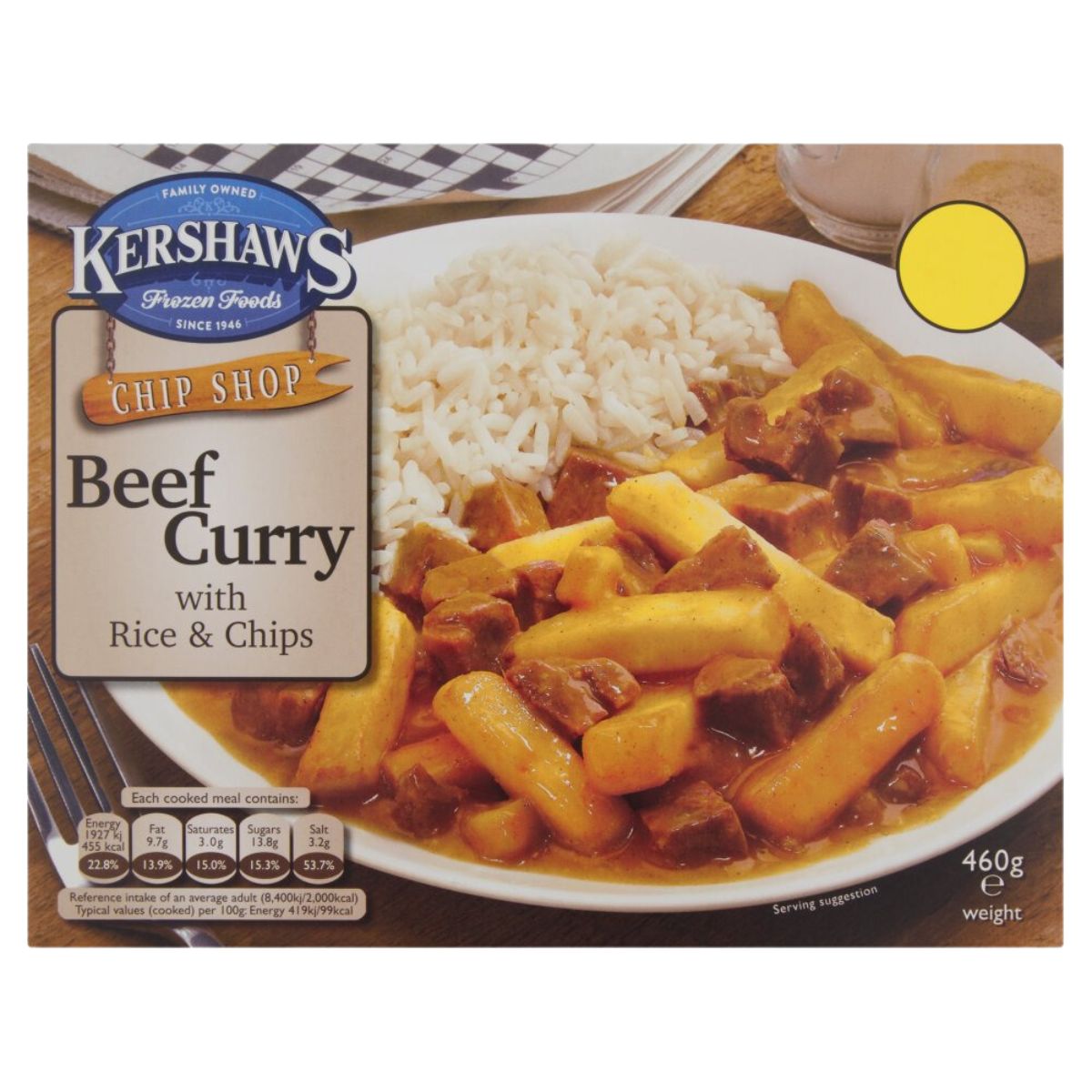 Kershaw's Kershaws - Chip Shop Beef Curry with Rice & Chips - 460g with rice and chips.