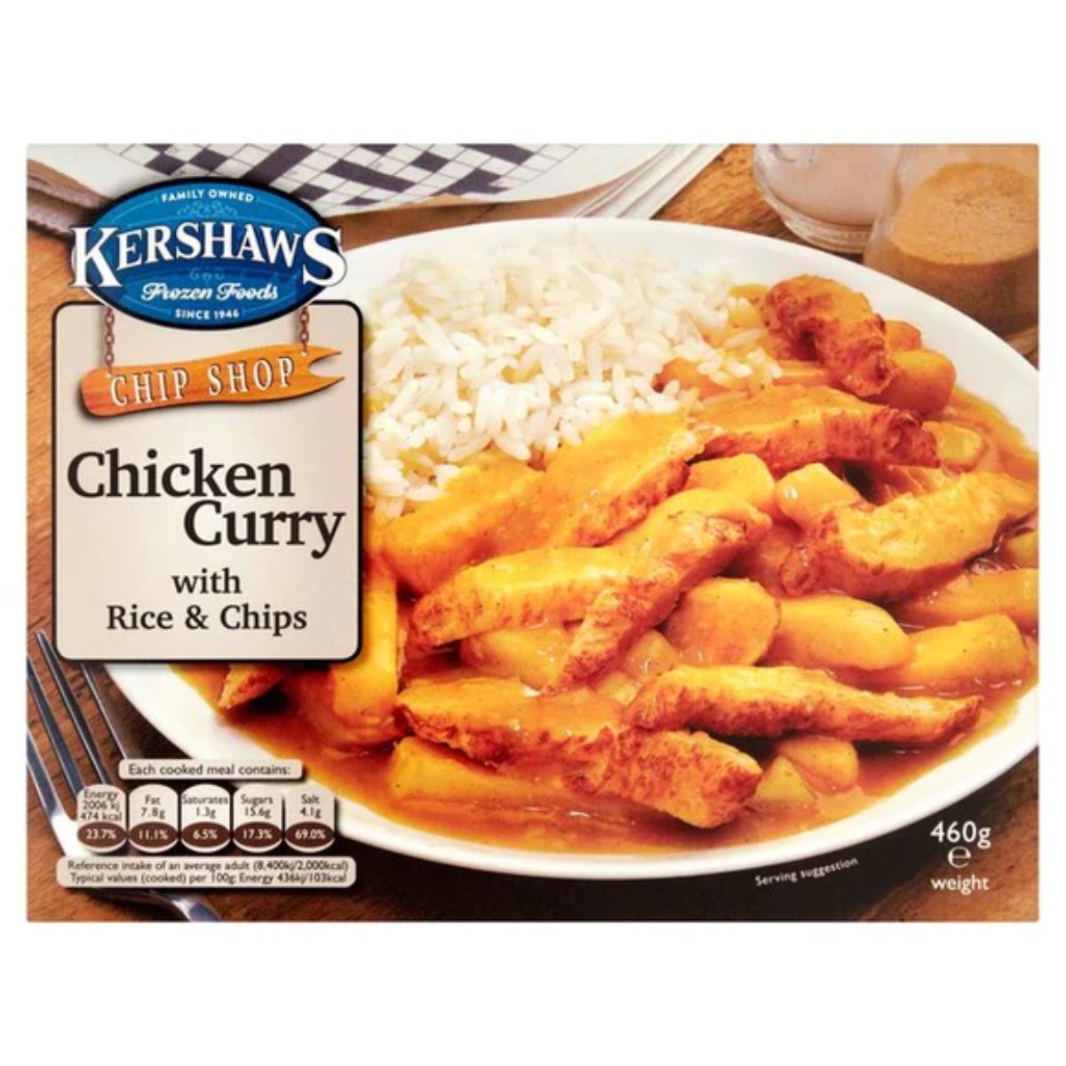 Kershaws - Chip Shop Chicken Curry with Rice & Chips - 460g chicken curry with rice and chips. Kershaws - Chip Shop Chicken Curry with Rice & Chips - 460g chicken curry with rice and chips.