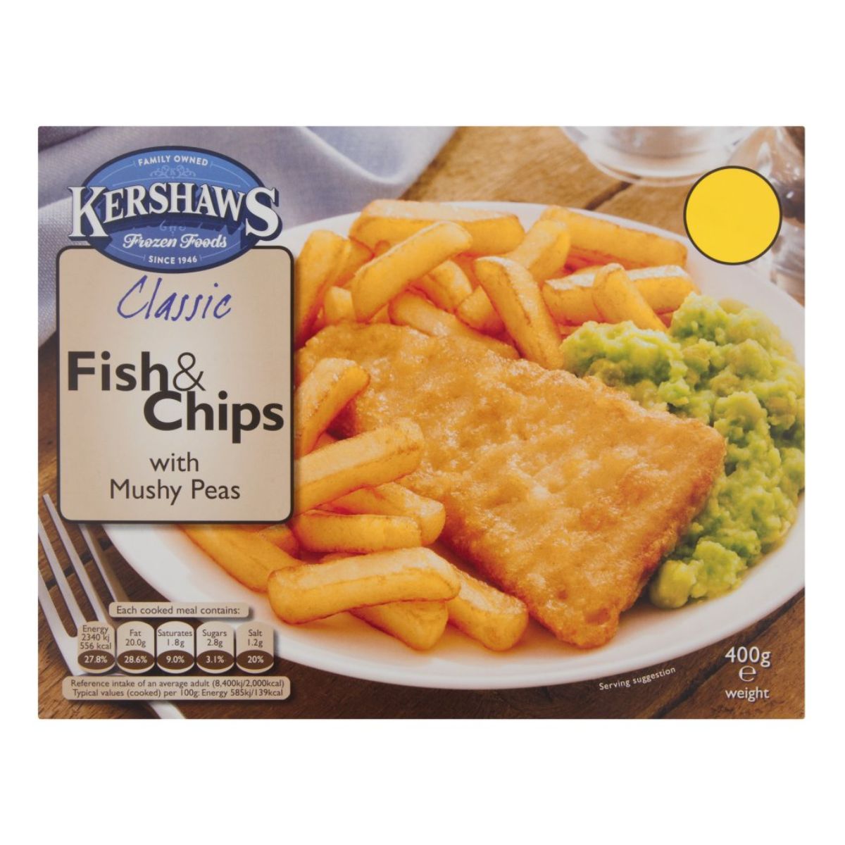 Kershaws - Classic Fish & Chips with Mushy Peas - 400g fish and chips with peas. Kershaws - Classic Fish & Chips with Mushy Peas - 400g fish and chips with peas.