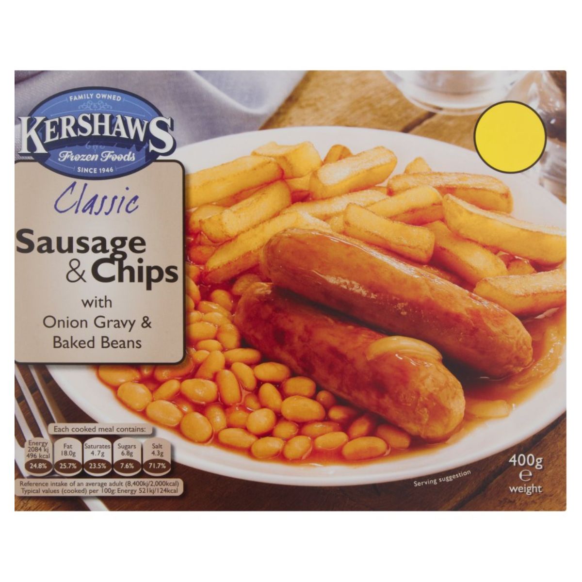 Kershaws - Classic Sausage & Chips with Onion Gravy & Baked Beans - 400g Kershaws - Classic Sausage & Chips with Onion Gravy & Baked Beans - 400g