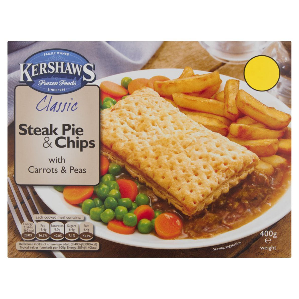 Kershaws - Classic Steak Pie & Chips with Carrots & Peas - 400g - Continental Food Store Kershaws - Classic Steak Pie & Chips with Carrots & Peas - 400g - Continental Food Store