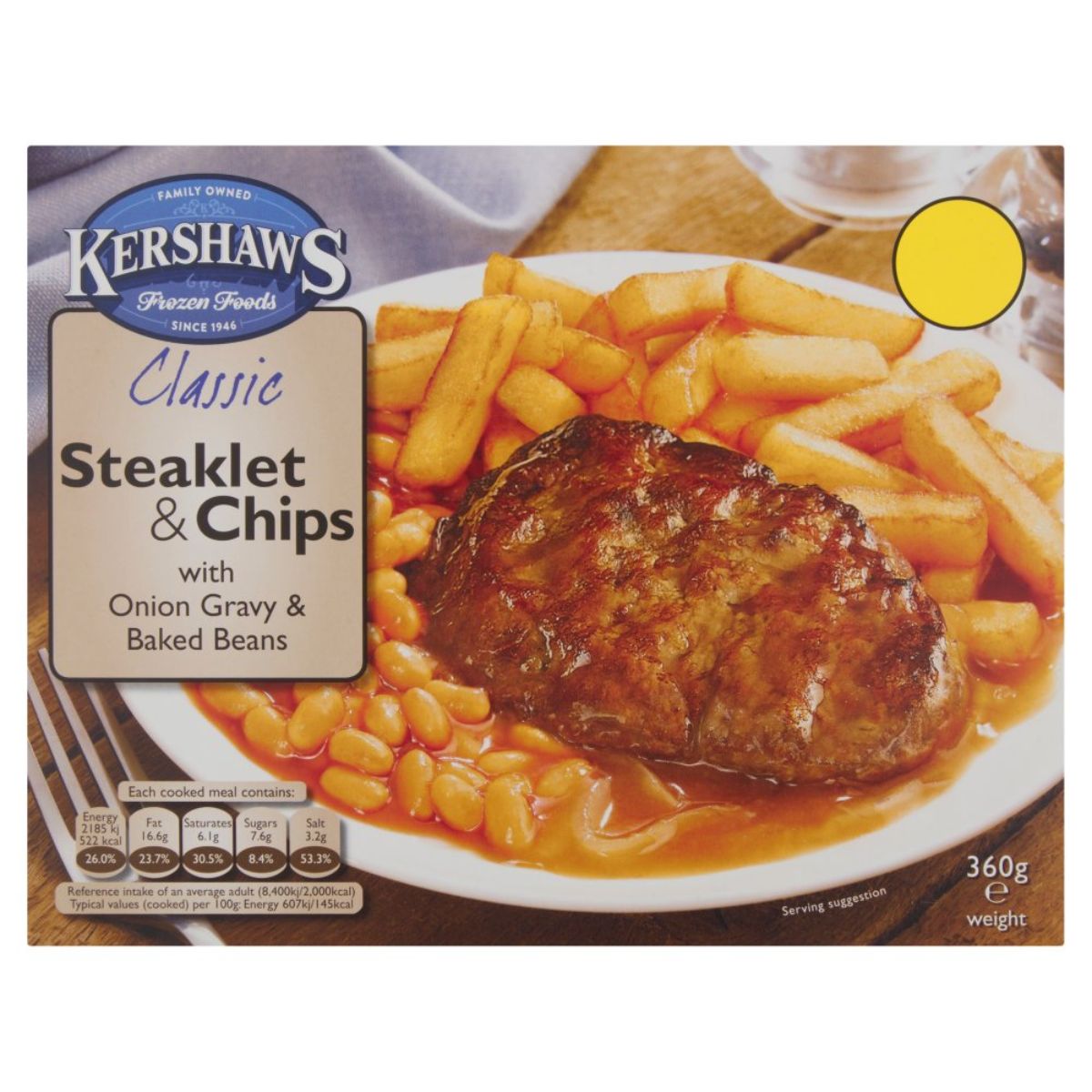 A package of Kershaws - Classic Steaklet & Chips with Onion Gravy & Baked Beans - 360g. A package of Kershaws - Classic Steaklet & Chips with Onion Gravy & Baked Beans - 360g.
