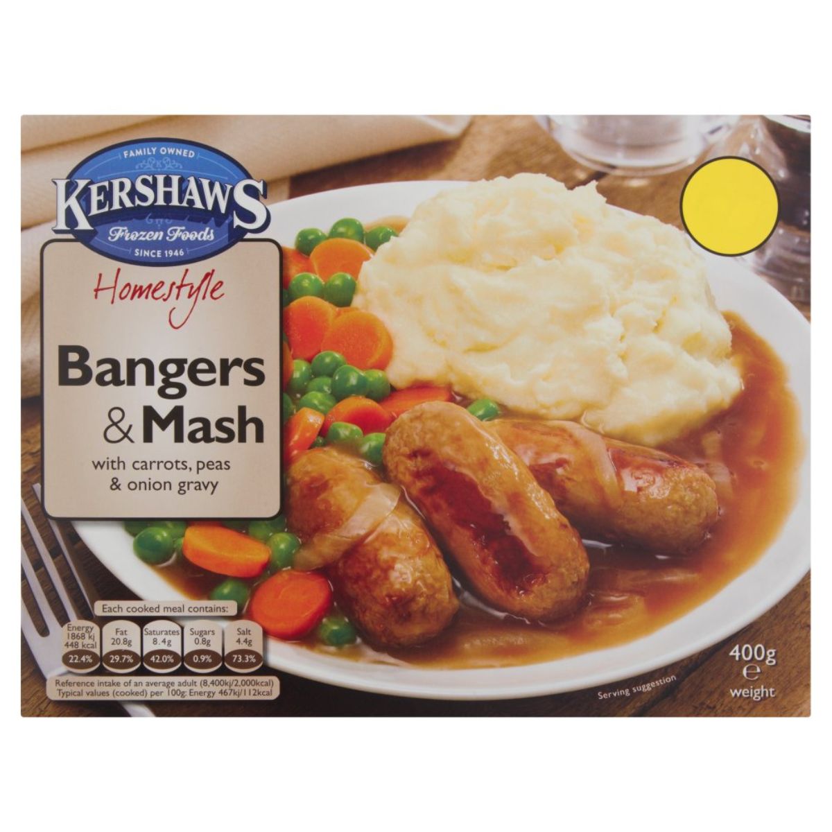Kershaws - Homestyle Bangers & Mash with Carrots, Peas & Onion Gravy - 400g bangers and mash. Kershaws - Homestyle Bangers & Mash with Carrots, Peas & Onion Gravy - 400g bangers and mash.