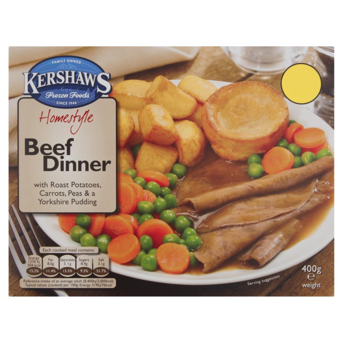 A box of Kershaws - Homestyle Beef Dinner with Roast Potatoes, Carrots, Peas & a Yorkshire Pudding - 400g.