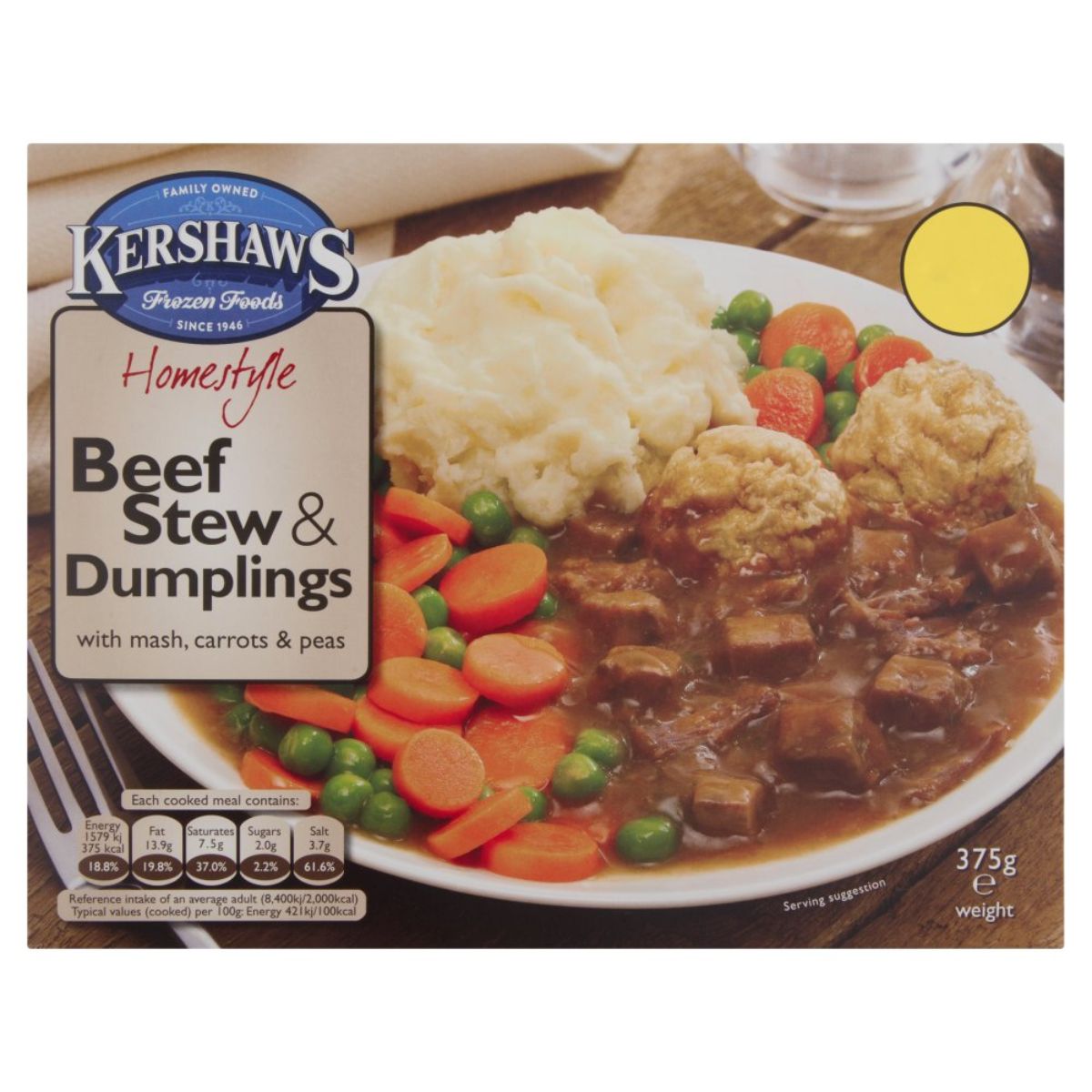 A box of Kershaws - Homestyle Beef Stew & Dumplings with Mash, Carrots & Peas - 375g. A box of Kershaws - Homestyle Beef Stew & Dumplings with Mash, Carrots & Peas - 375g.