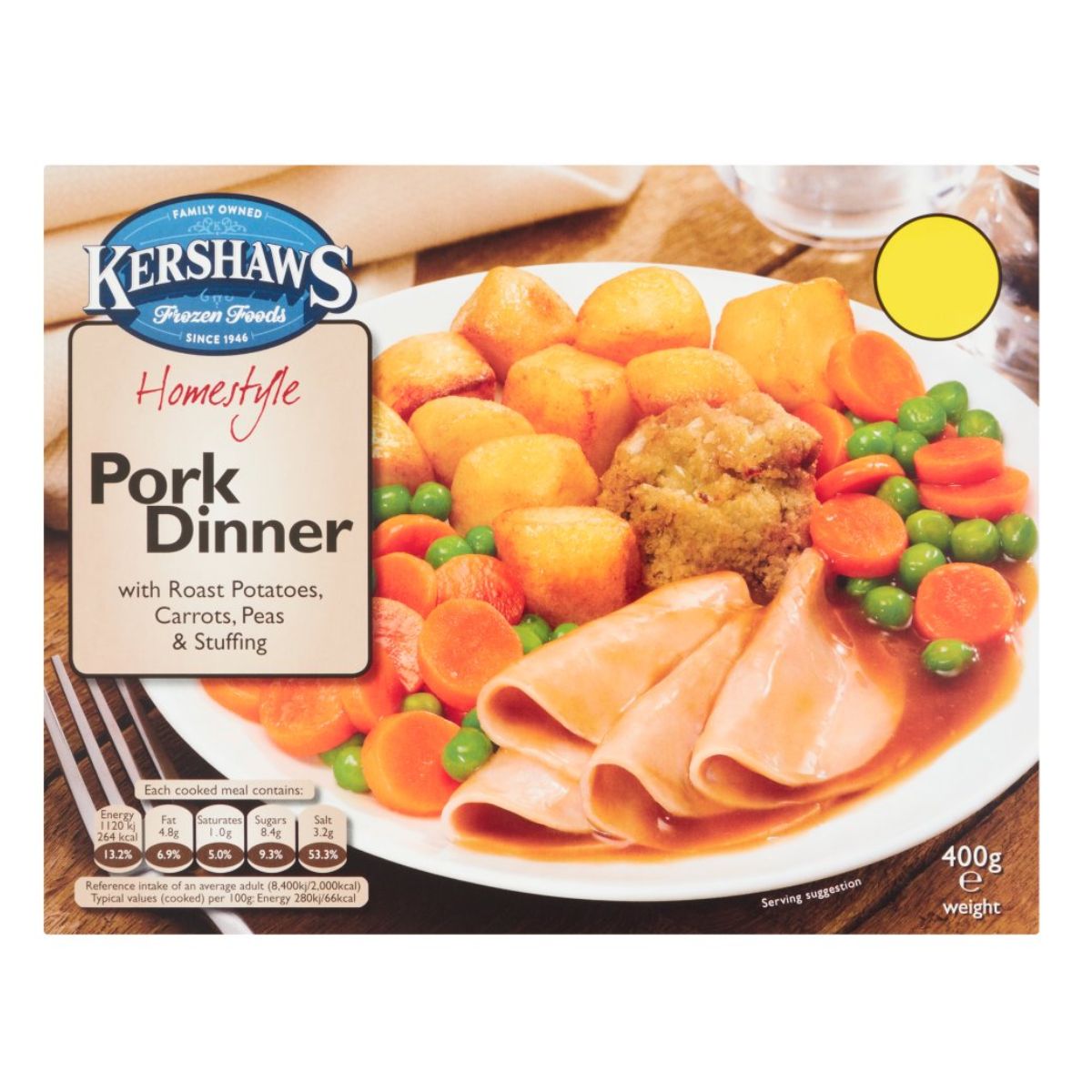 Kershaw's Homestyle Pork Dinner with Roast Potatoes Carrots Peas & Stuffing - 400g on a plate.
