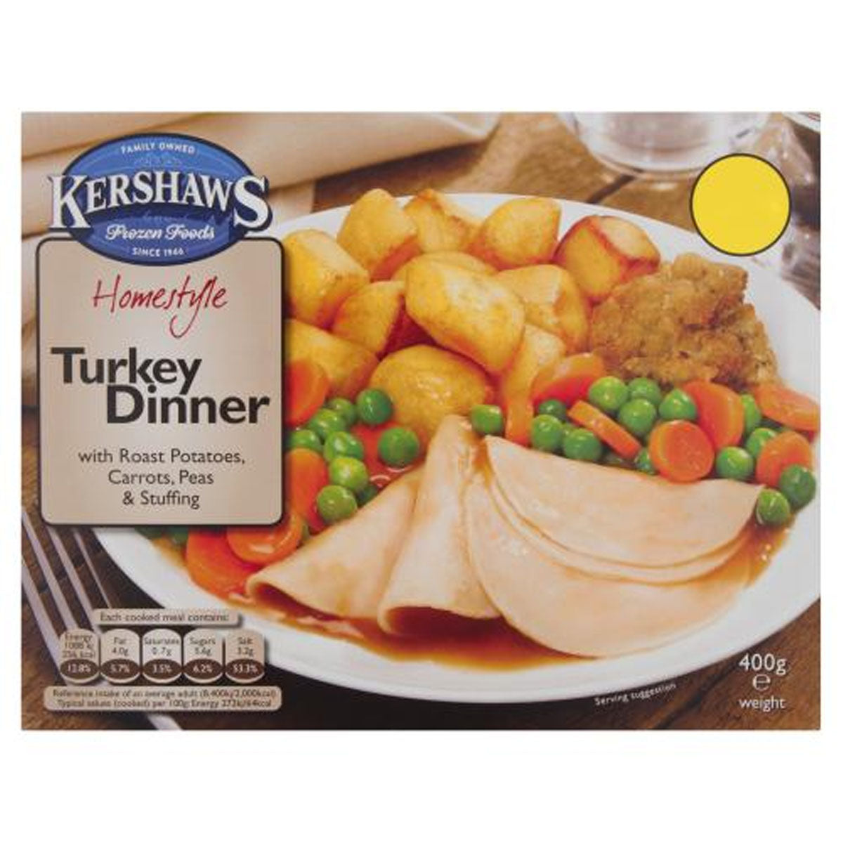 Kershaw's - Homestyle Turkey Dinner with Roast Potatoes, Carrots, Peas & Stuffing - 400g. Kershaw's - Homestyle Turkey Dinner with Roast Potatoes, Carrots, Peas & Stuffing - 400g.