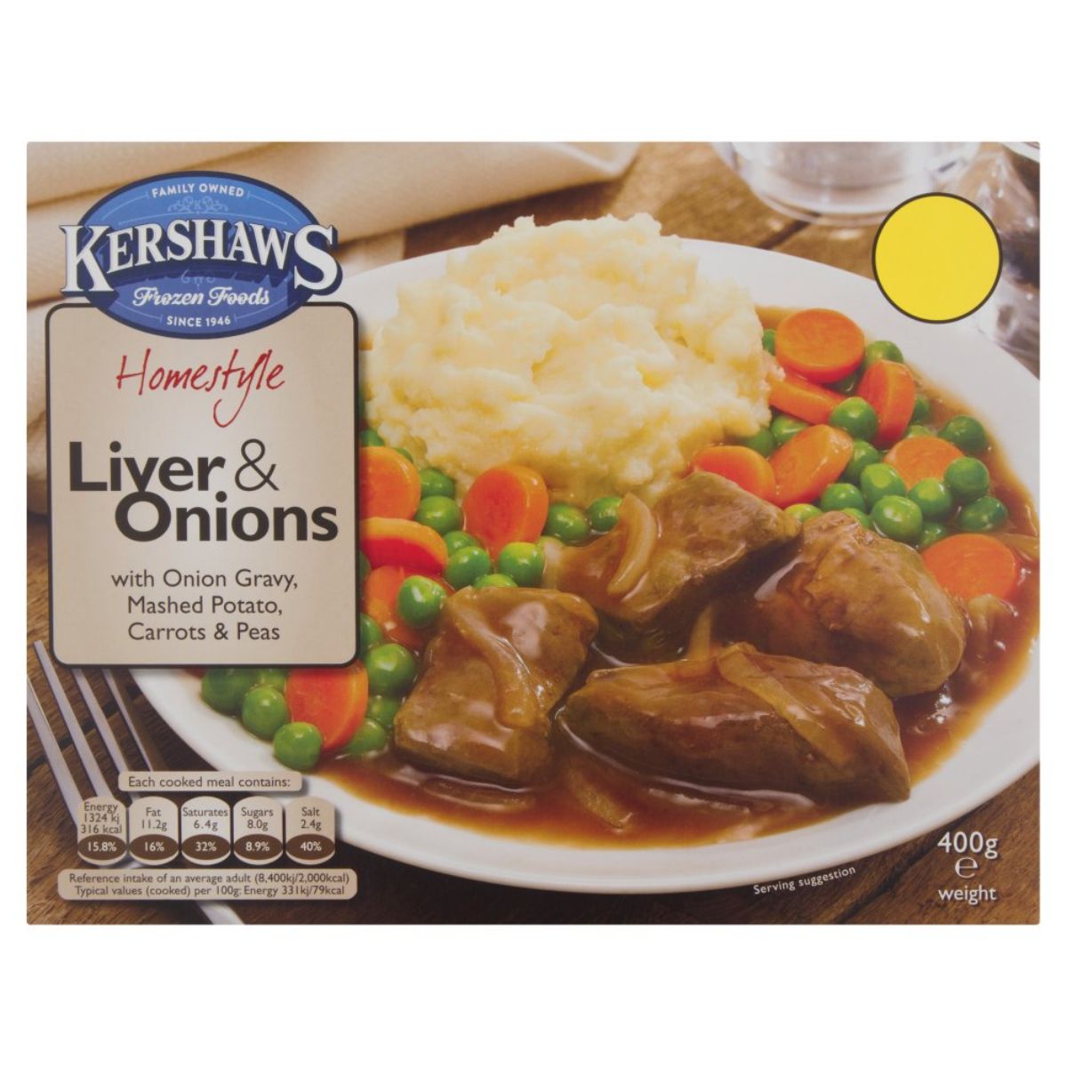 A box of Kershaws - Liver & Onions - 400g. A box of Kershaws - Liver & Onions - 400g.