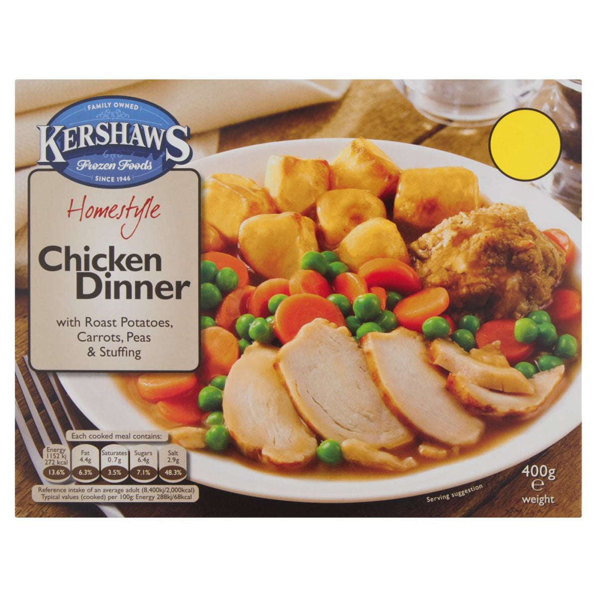 Kershaws - Homestyle Chicken Dinner with Roast Potatoes, Carrots, Peas & Stuffing - 400g Kershaws - Homestyle Chicken Dinner with Roast Potatoes, Carrots, Peas & Stuffing - 400g