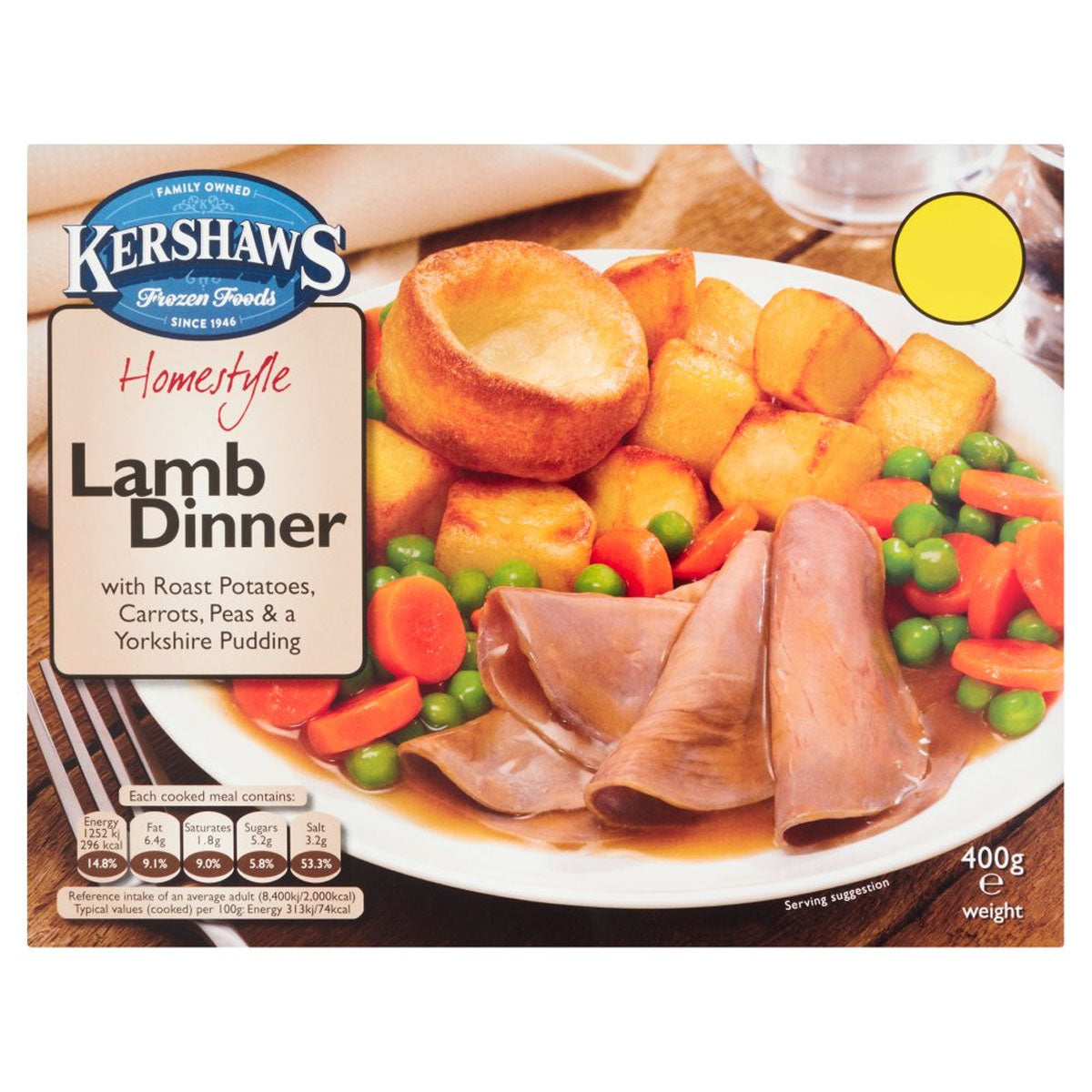 Kershaws - Homestyle Lamb Dinner with Roast Potatoes, Carrots, Peas & a Yorkshire Pudding - 400g lamb dinner with peas and carrots.