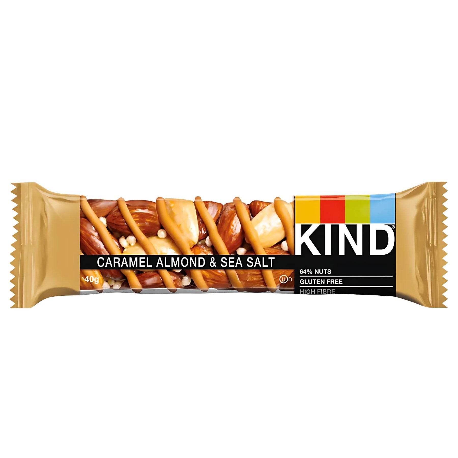 Kind - Caramel Almond & Sea Salt 40g bar, wrapped in gold packaging with a clear window, is gluten free, high in fibre, and contains 64% nuts for a delicious and wholesome treat. Kind - Caramel Almond & Sea Salt 40g bar, wrapped in gold packaging with a clear window, is gluten free, high in fibre, and contains 64% nuts for a delicious and wholesome treat.