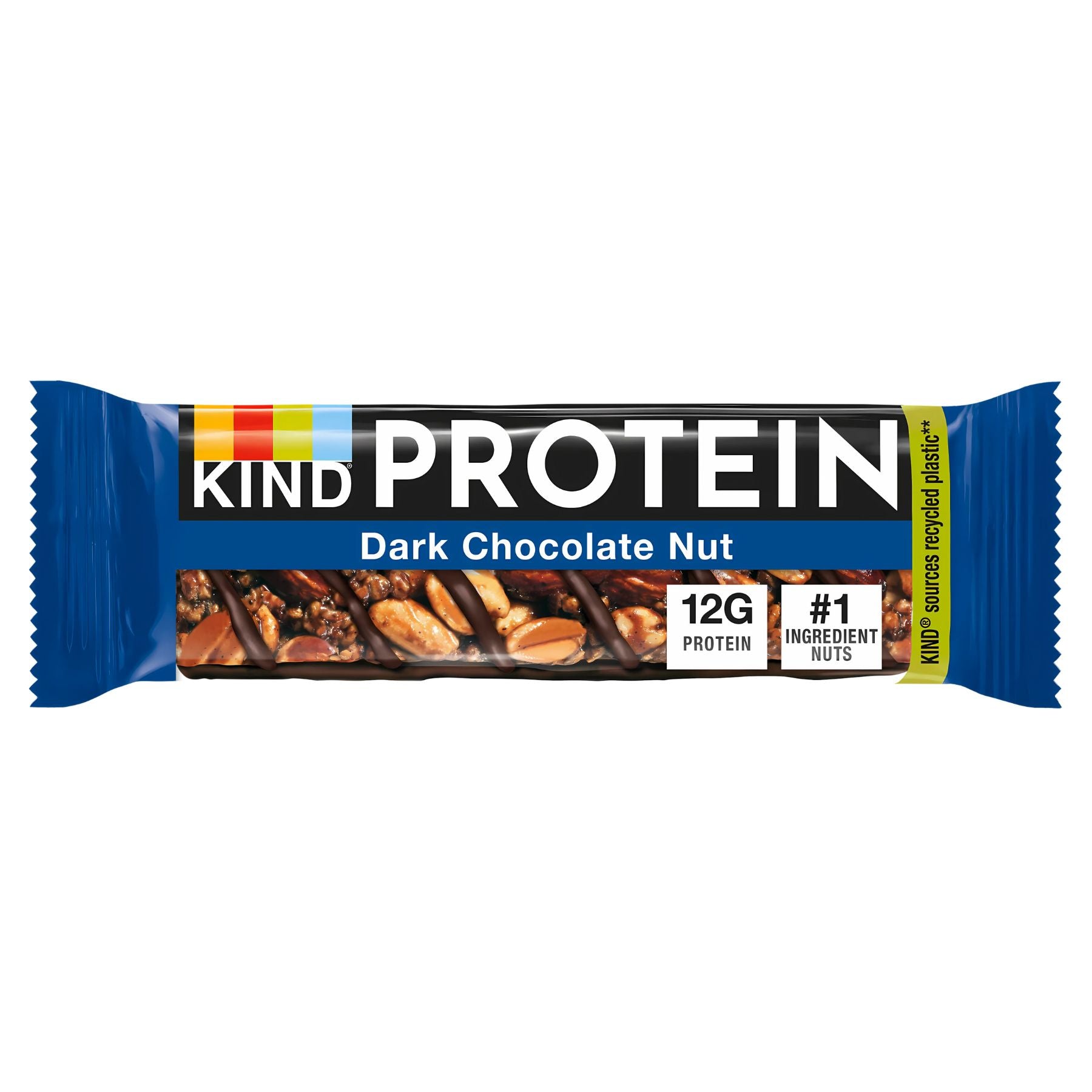 A Kind - Protein Dark Chocolate Nut - 50g bar, with blue packaging highlighting 12g protein and nuts as the #1 ingredient, displays images of dark chocolate and nuts on its wrapper. A Kind - Protein Dark Chocolate Nut - 50g bar, with blue packaging highlighting 12g protein and nuts as the #1 ingredient, displays images of dark chocolate and nuts on its wrapper.