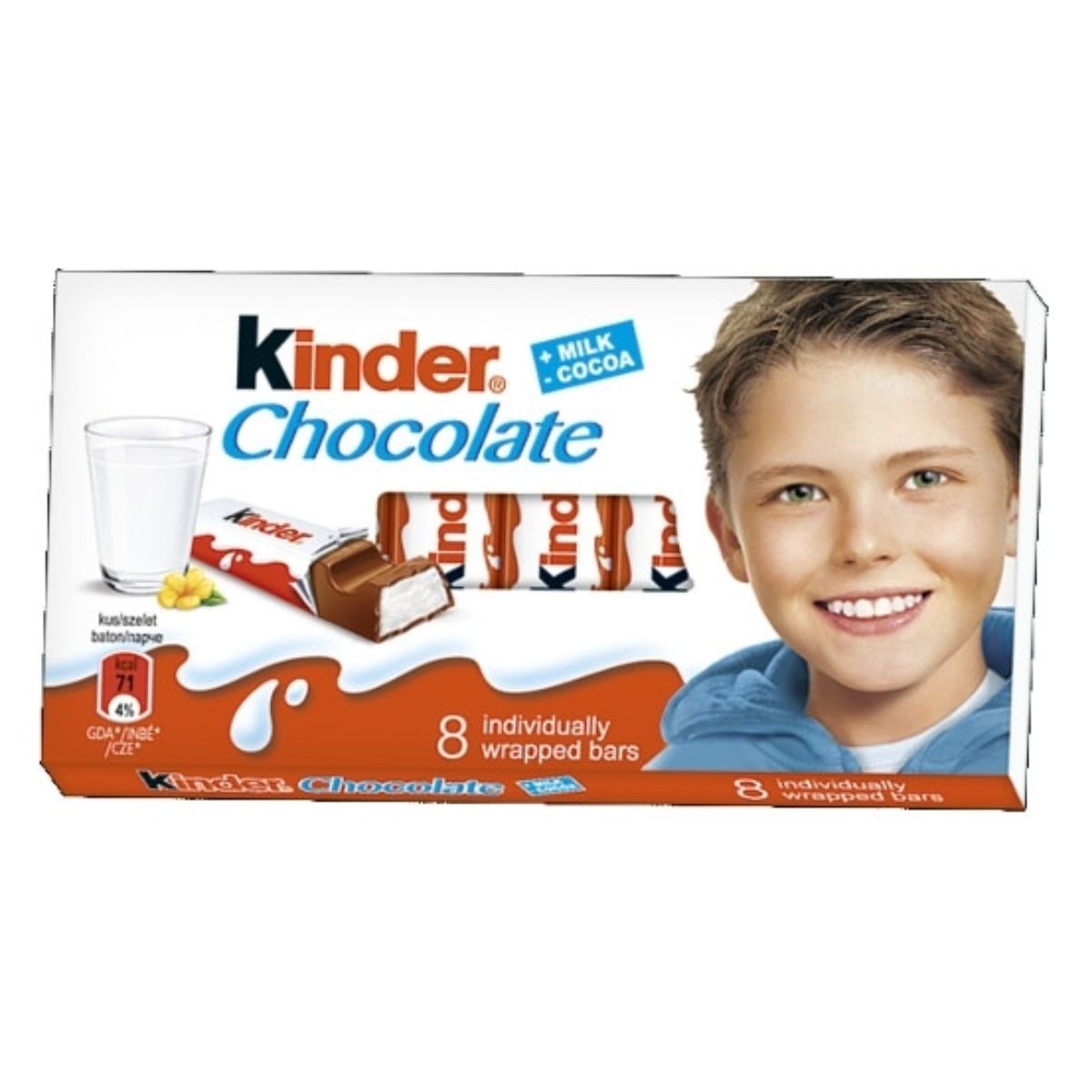 A box of Kinder - Chocolate - 100g featuring eight individually wrapped bars and an image of a smiling child on the packaging.