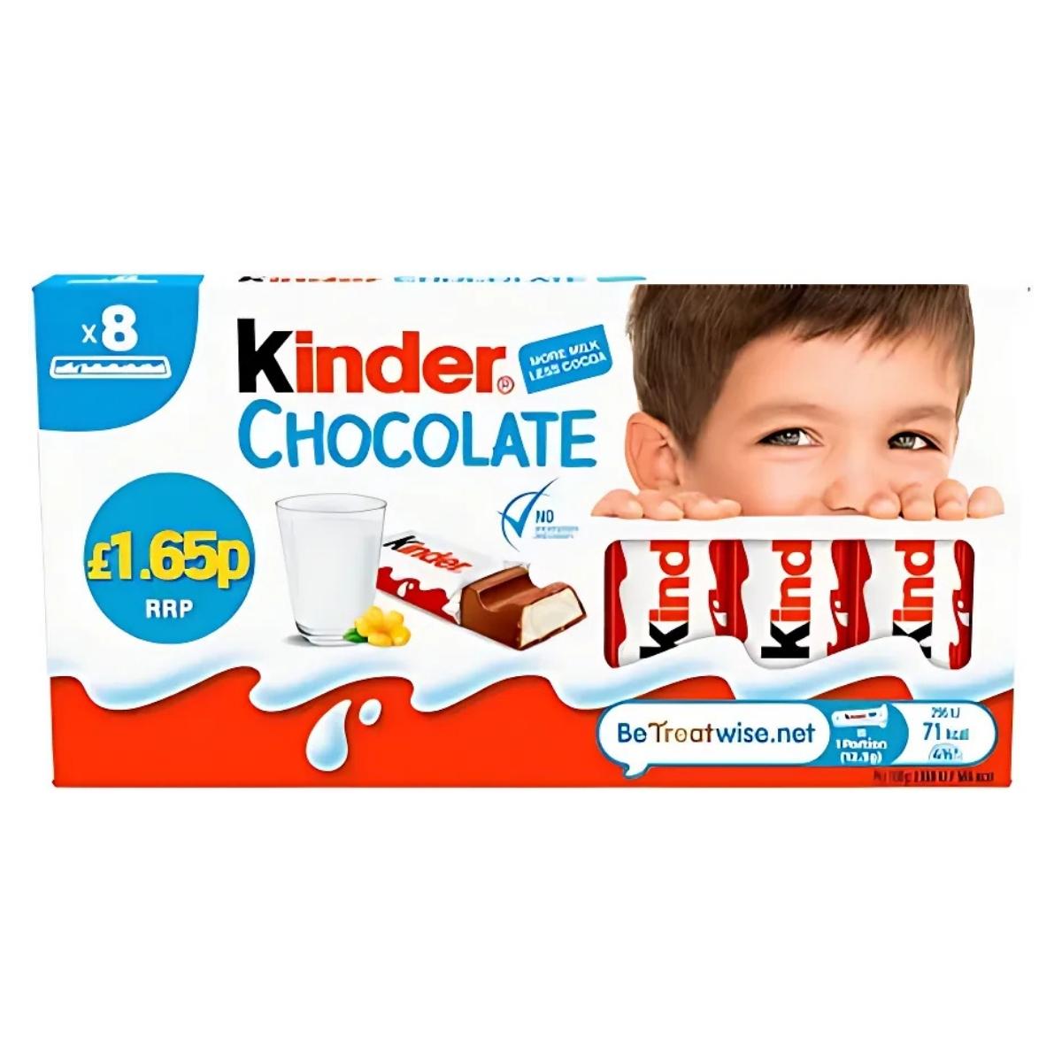 Kinder - Chocolate - 100g box contains 8 individually wrapped bars with creamy milky filling, featuring a child's face, glass of milk, and nutritional info on the front. Price: £1.65. Kinder - Chocolate - 100g box contains 8 individually wrapped bars with creamy milky filling, featuring a child's face, glass of milk, and nutritional info on the front. Price: £1.65.