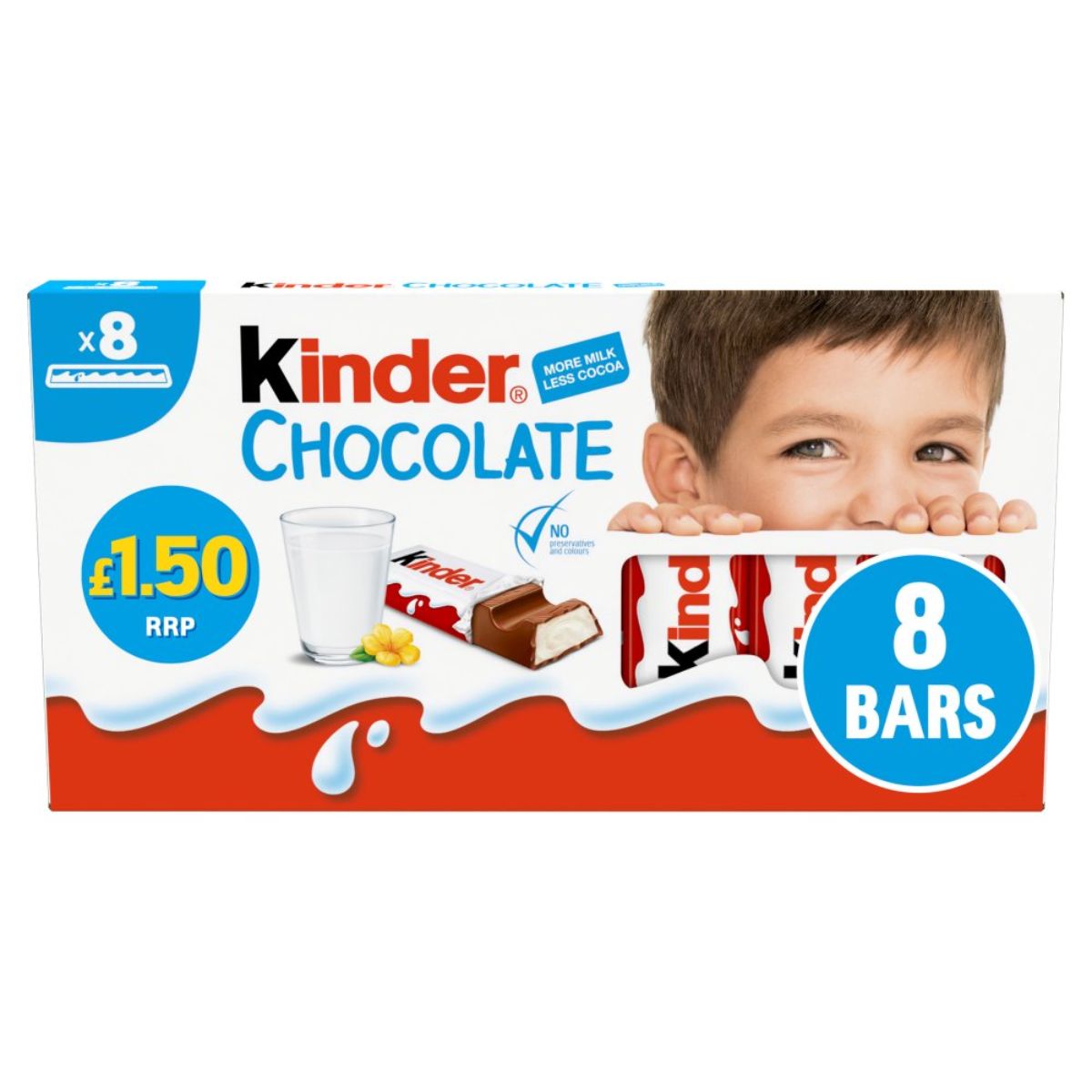 Box of Kinder - Chocolate - 100g containing eight individually wrapped milk chocolate bars with a creamy filling, accompanied by a glass of milk and an image of a child holding the bars for an appealing display. Priced at £1.50. Box of Kinder - Chocolate - 100g containing eight individually wrapped milk chocolate bars with a creamy filling, accompanied by a glass of milk and an image of a child holding the bars for an appealing display. Priced at £1.50.