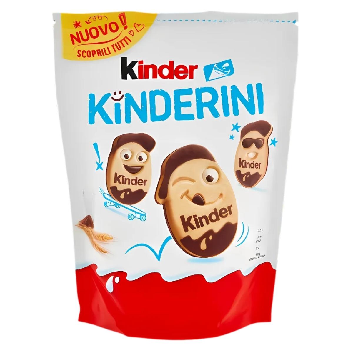 A 250g pack of Kinder - Kinderini Chocolate Biscuits featuring smiling cookie mascots and chocolate decorations, on a white and red background. A 250g pack of Kinder - Kinderini Chocolate Biscuits featuring smiling cookie mascots and chocolate decorations, on a white and red background.