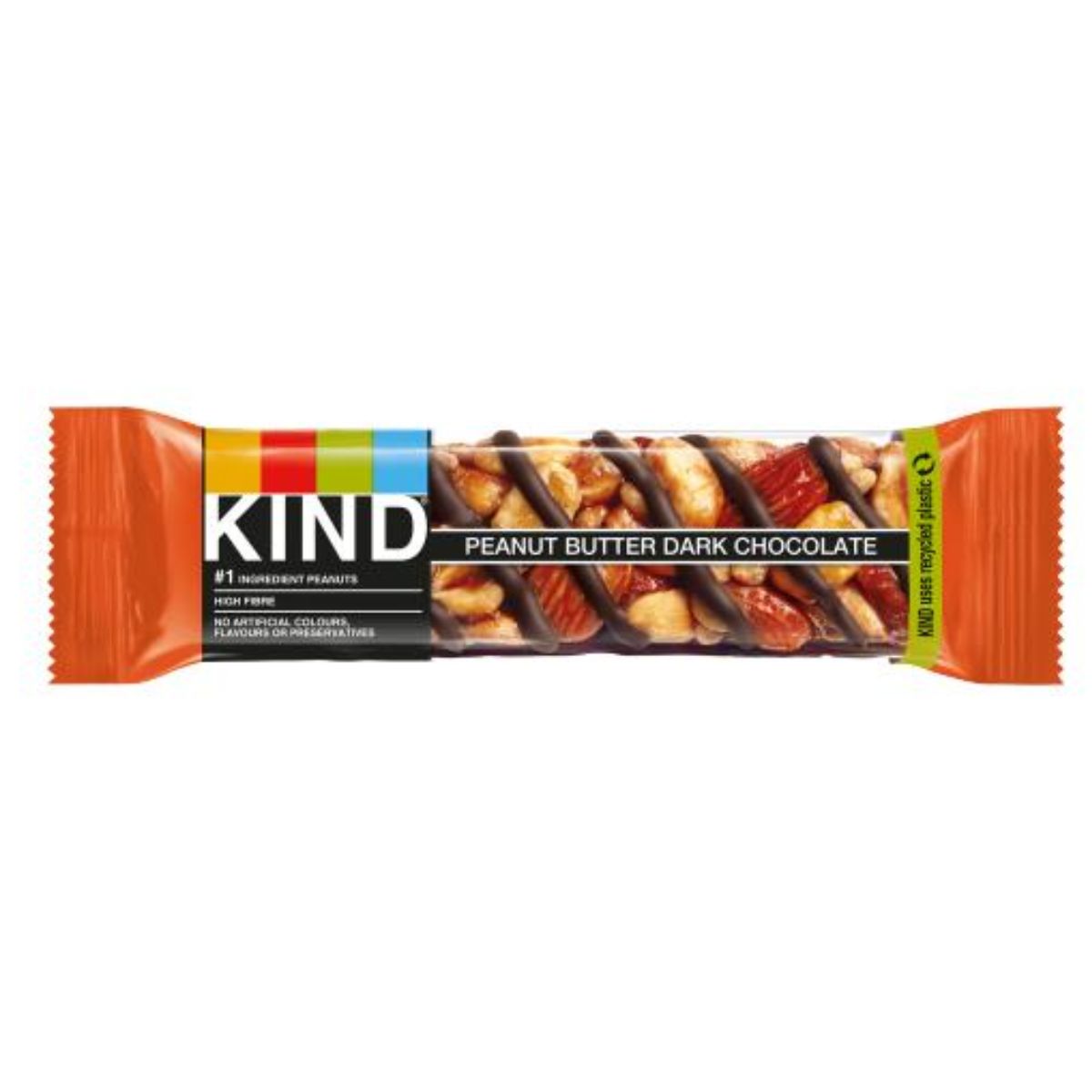 Kind - Peanut Butter Dark Chocolate Snack Bar - 40g bar with almonds and chocolate on a white background.