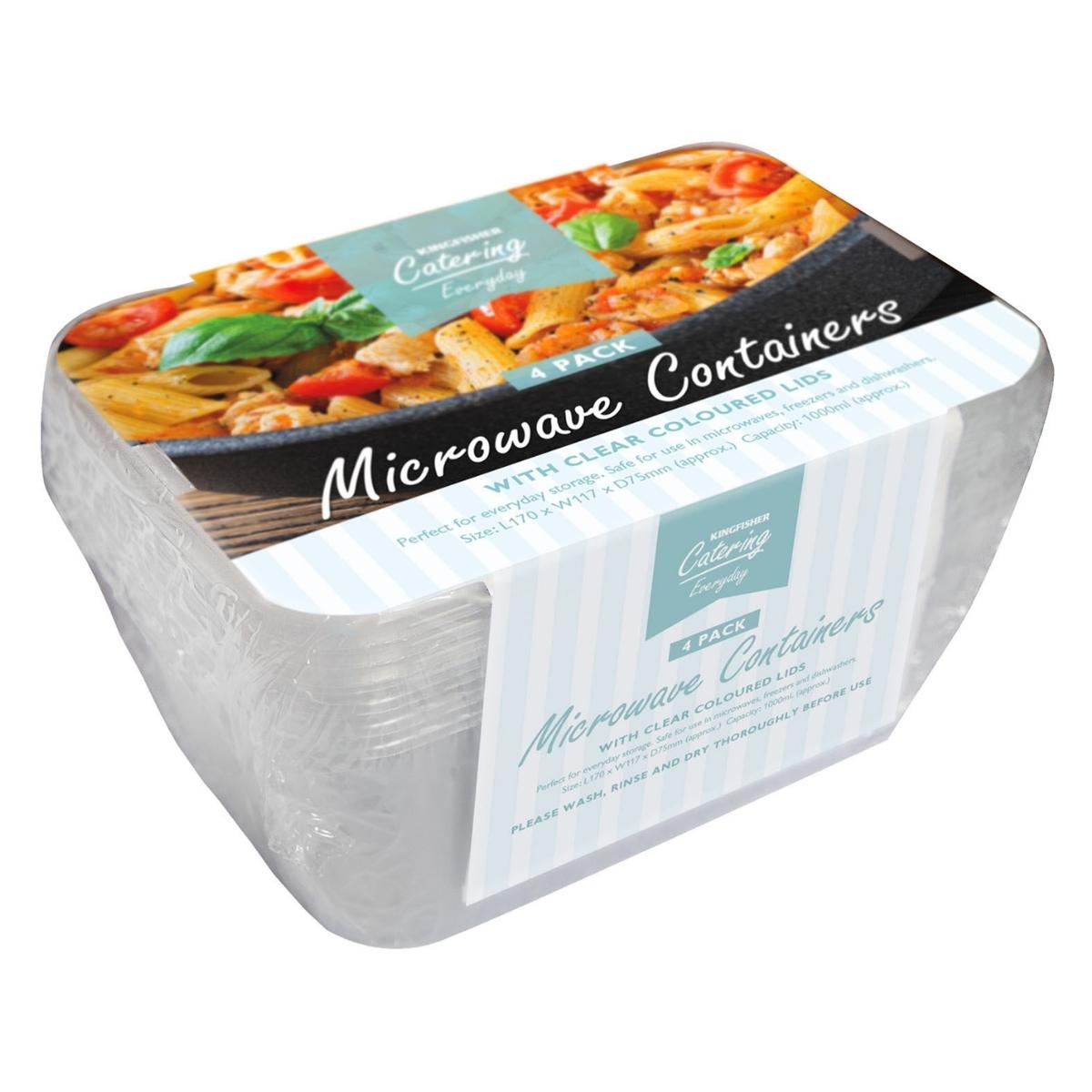 A 4-pack of Kingfisher Reusable Microwave Containers with clear coloured lids, eco-friendly and packed in plastic, featuring a label with food imagery and product details. A 4-pack of Kingfisher Reusable Microwave Containers with clear coloured lids, eco-friendly and packed in plastic, featuring a label with food imagery and product details.