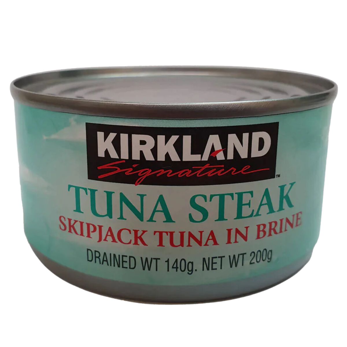 A can of Kirkland - Tuna Steak Skipjack in Brine, with a drained weight of 140g and a net weight of 200g. A can of Kirkland - Tuna Steak Skipjack in Brine, with a drained weight of 140g and a net weight of 200g.