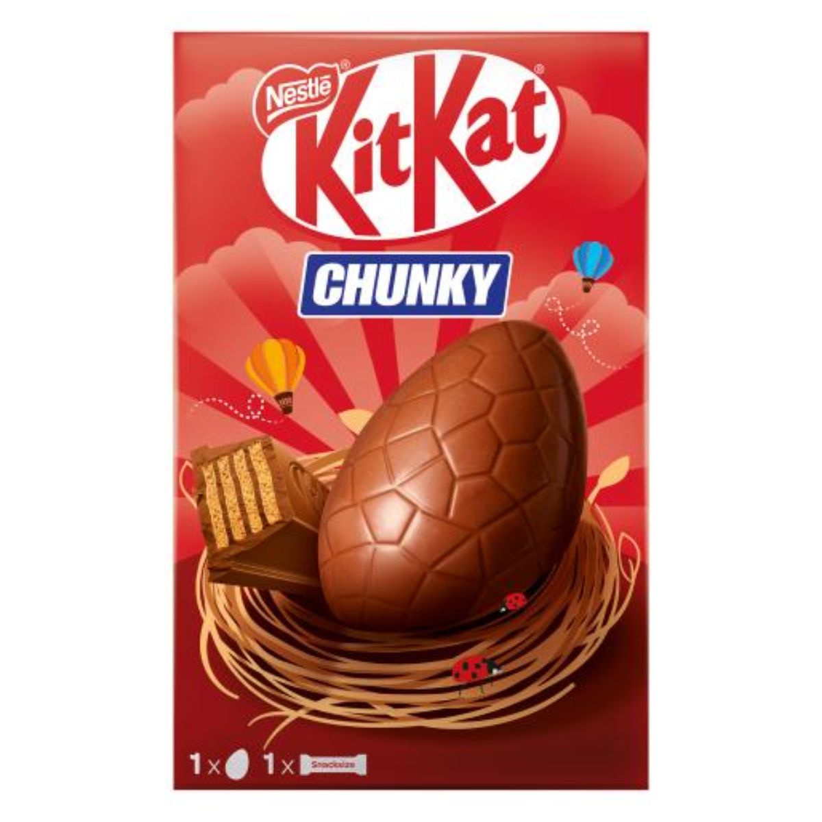 Packaging for Kit Kat Chunky - 129g featuring a chocolate Easter egg in a nest with hot air balloons in the background.