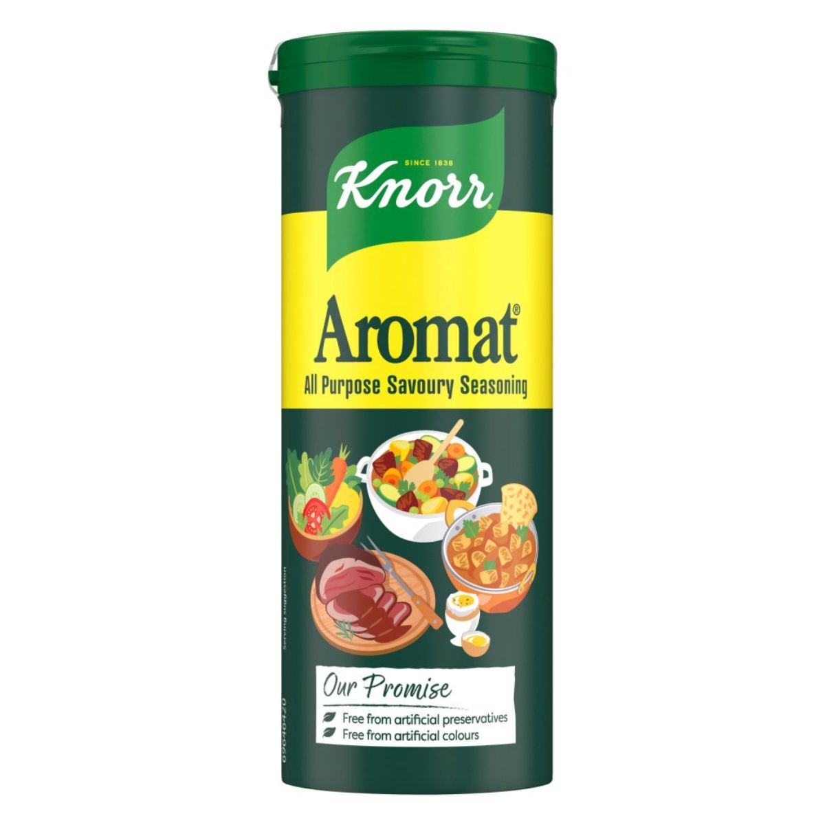A container of Knorr - All Purpose Savoury Seasoning Aromat - 90g featuring images of vegetables, meat, and dishes on the label.