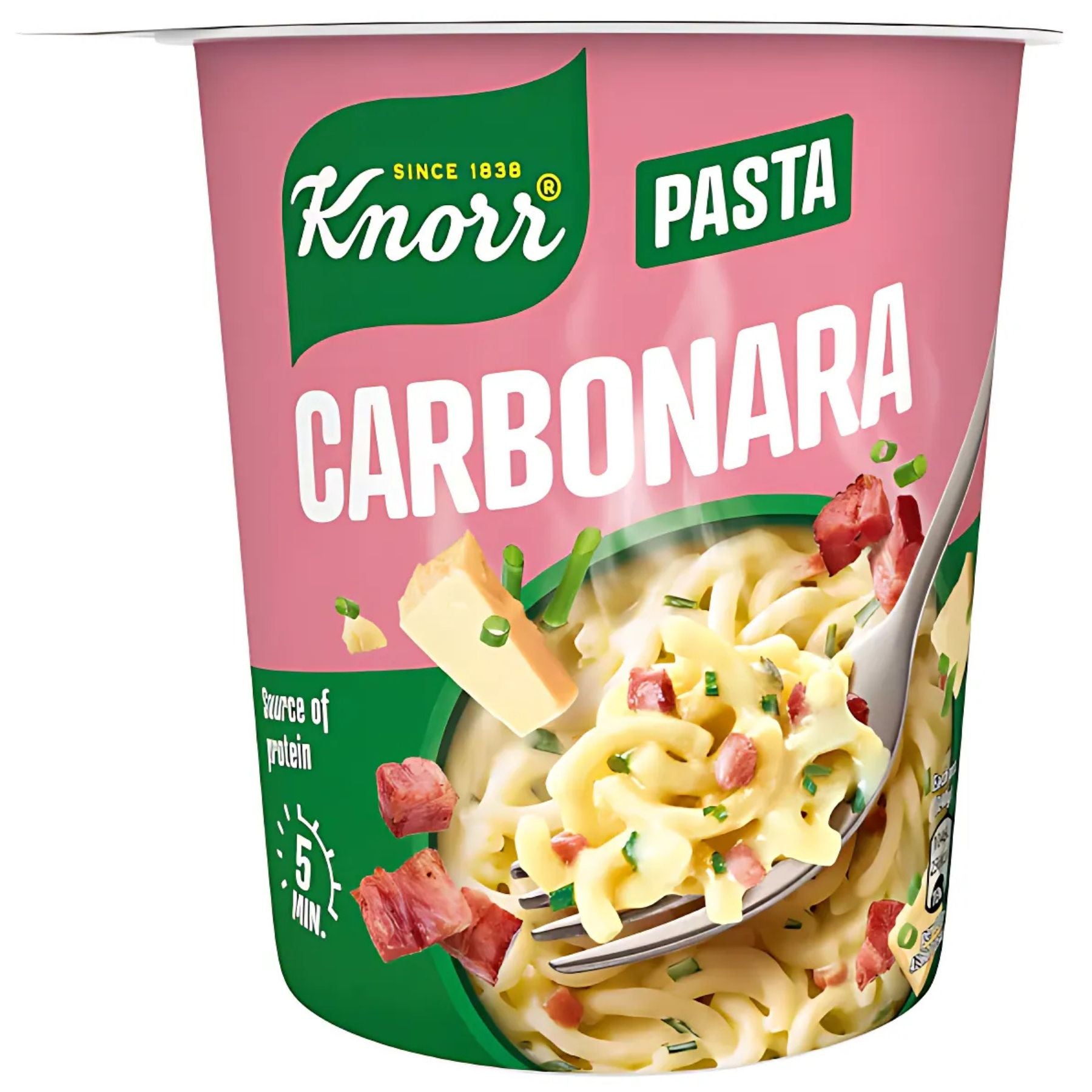 A 55g Knorr Instant Carbonara Pasta Pot, featuring creamy cheesy carbonara sauce, bacon pieces, and cheese on the pack; it's a source of protein and ready in 5 minutes. A 55g Knorr Instant Carbonara Pasta Pot, featuring creamy cheesy carbonara sauce, bacon pieces, and cheese on the pack; it's a source of protein and ready in 5 minutes.