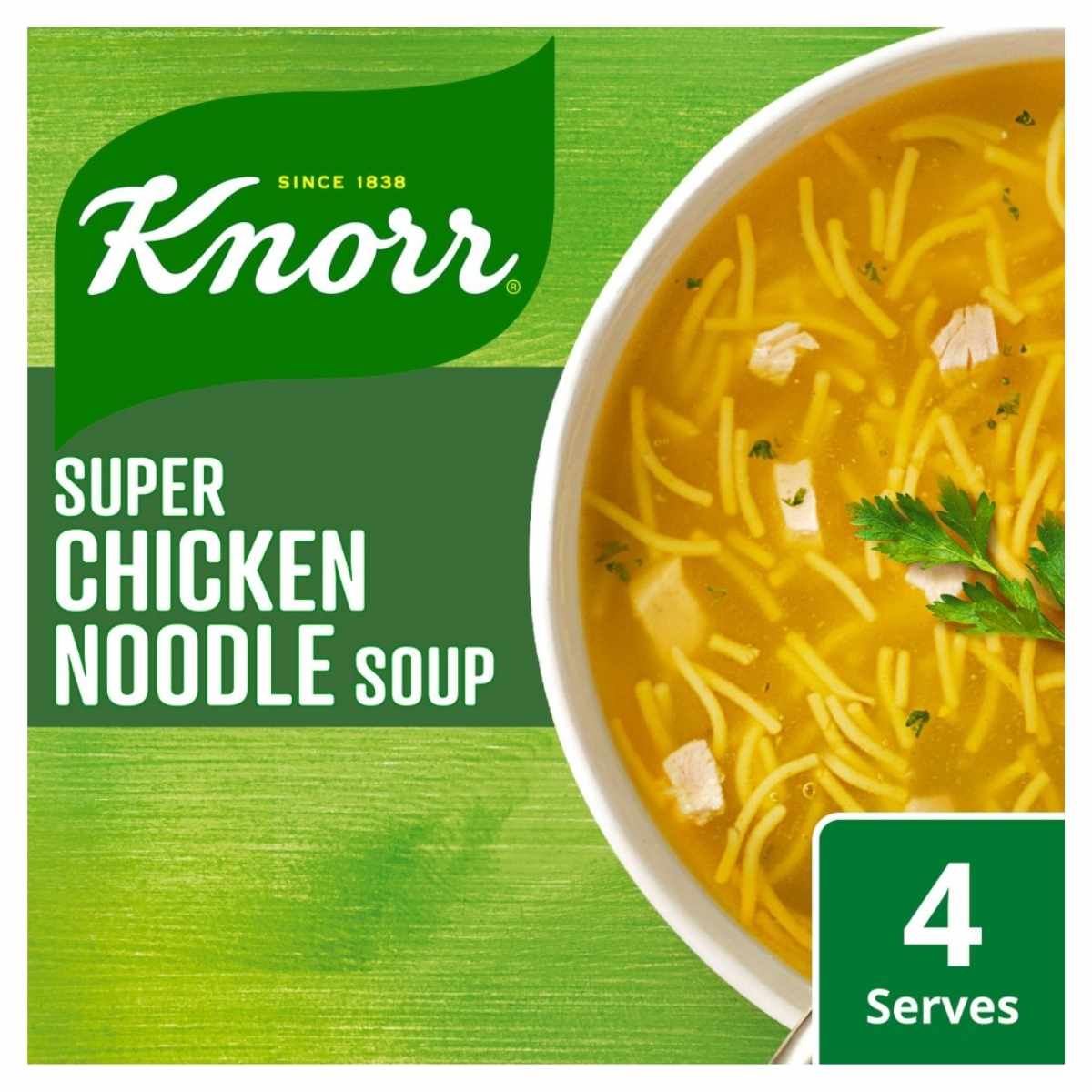 A package of Knorr Super Chicken Noodle Soup Mix weighing 51g features an image of a bowl filled with noodles and herbs, with a label claiming it serves four. A package of Knorr Super Chicken Noodle Soup Mix weighing 51g features an image of a bowl filled with noodles and herbs, with a label claiming it serves four.