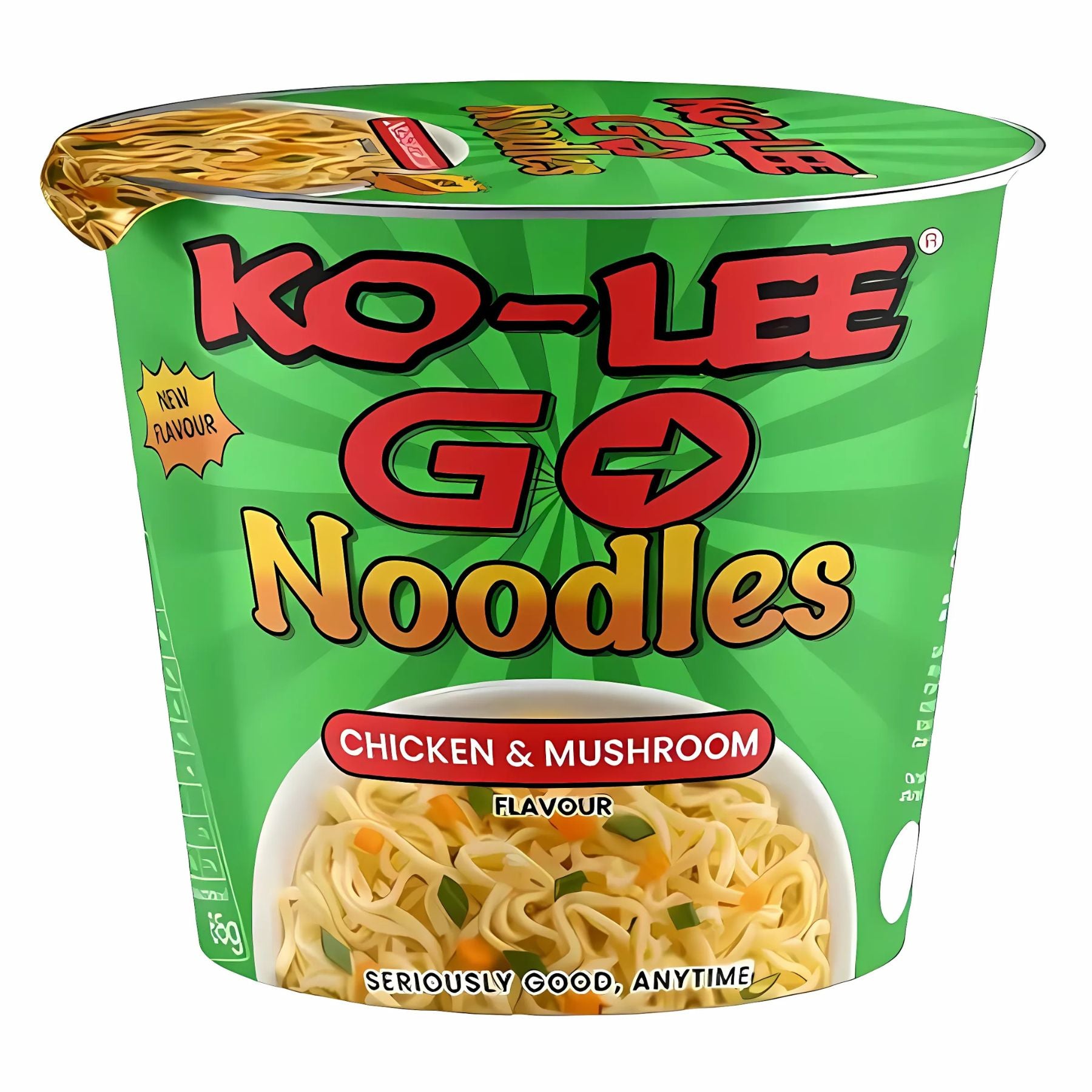 A green cup of Ko-Lee Go Noodles - Chicken & Mushroom Flavour - 65g features an image of cooked instant noodles with vegetables on the packaging. A green cup of Ko-Lee Go Noodles - Chicken & Mushroom Flavour - 65g features an image of cooked instant noodles with vegetables on the packaging.
