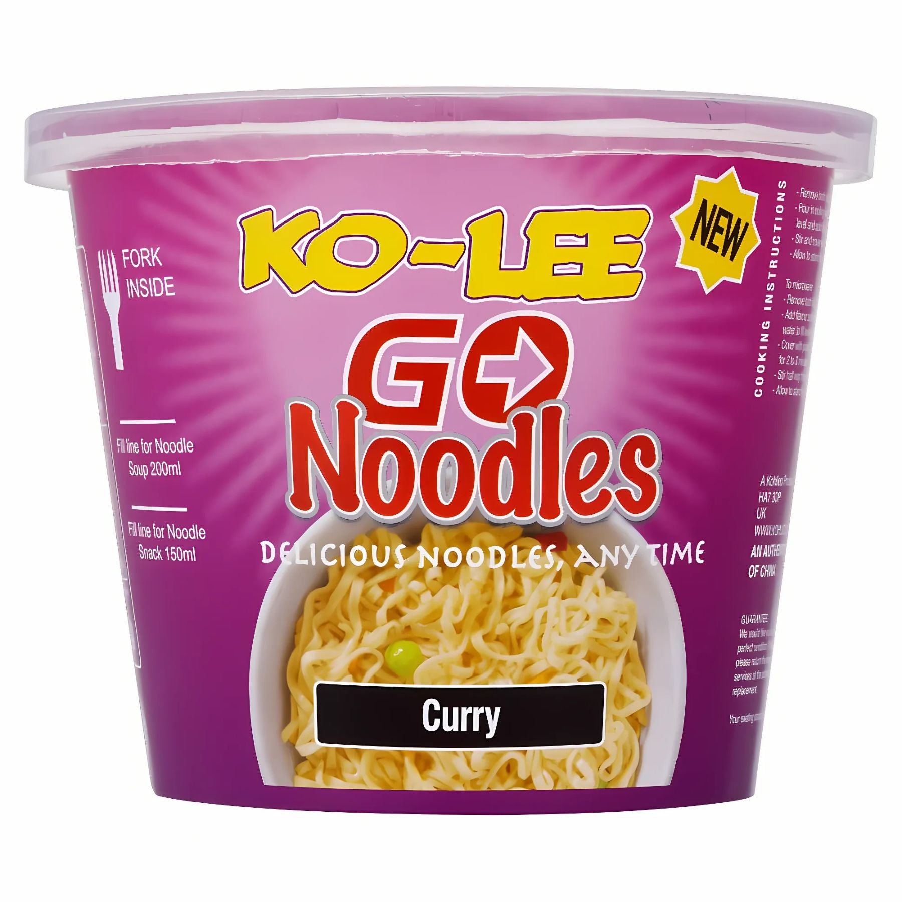 A 65g Ko-Lee Go Noodles - Curry Flavour cup with a purple label and an image of instant noodles on the front. A 65g Ko-Lee Go Noodles - Curry Flavour cup with a purple label and an image of instant noodles on the front.