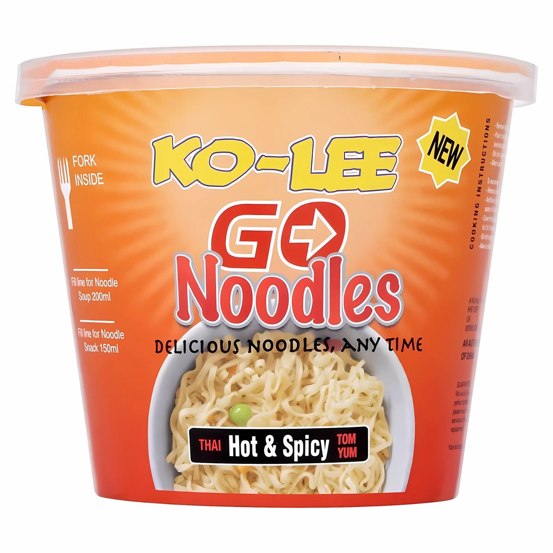 A 65g plastic container of Ko-Lee Go Noodles - Thai Hot & Spicy Tom Yum Flavour displays Thai noodles and vegetables on the label. A 65g plastic container of Ko-Lee Go Noodles - Thai Hot & Spicy Tom Yum Flavour displays Thai noodles and vegetables on the label.