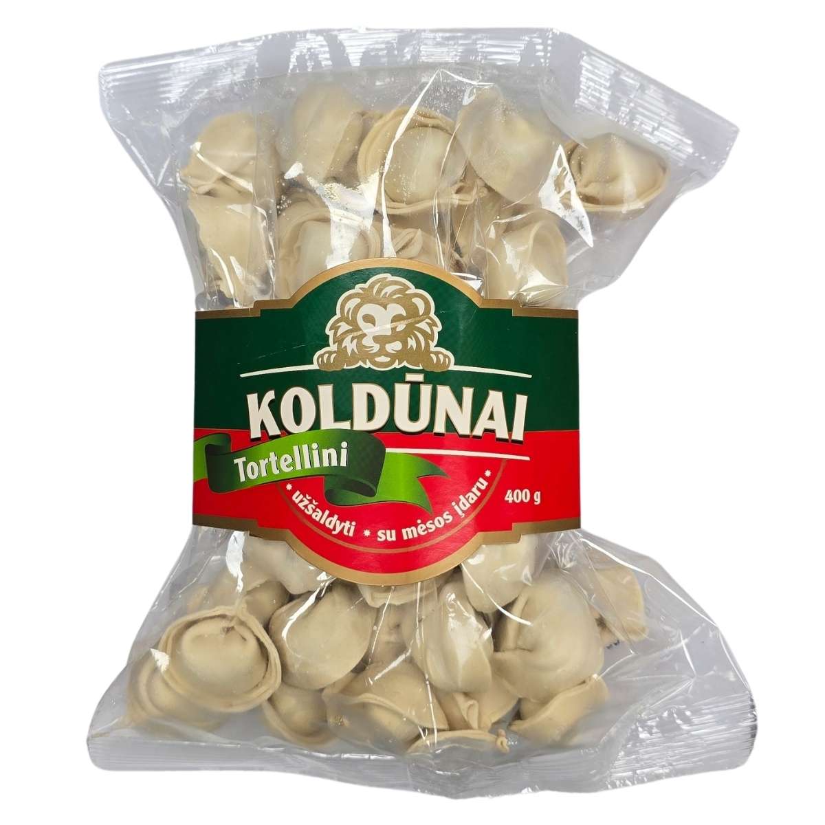 A 400g sealed pack of Koldunam Tortellini with a lion logo and green, red, and white design. Ideal for fast dinners, this dish is the ultimate comfort food. A 400g sealed pack of Koldunam Tortellini with a lion logo and green, red, and white design. Ideal for fast dinners, this dish is the ultimate comfort food.
