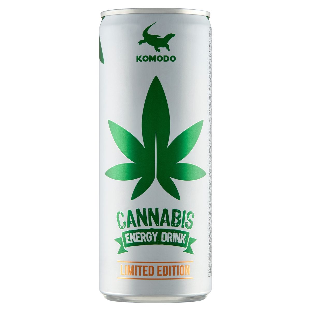 A 250ml can of Komodo - Cannabis Flavour Energy Drink, featuring a green cannabis leaf on a white background, infused with hemp extract and essential vitamins. A 250ml can of Komodo - Cannabis Flavour Energy Drink, featuring a green cannabis leaf on a white background, infused with hemp extract and essential vitamins.