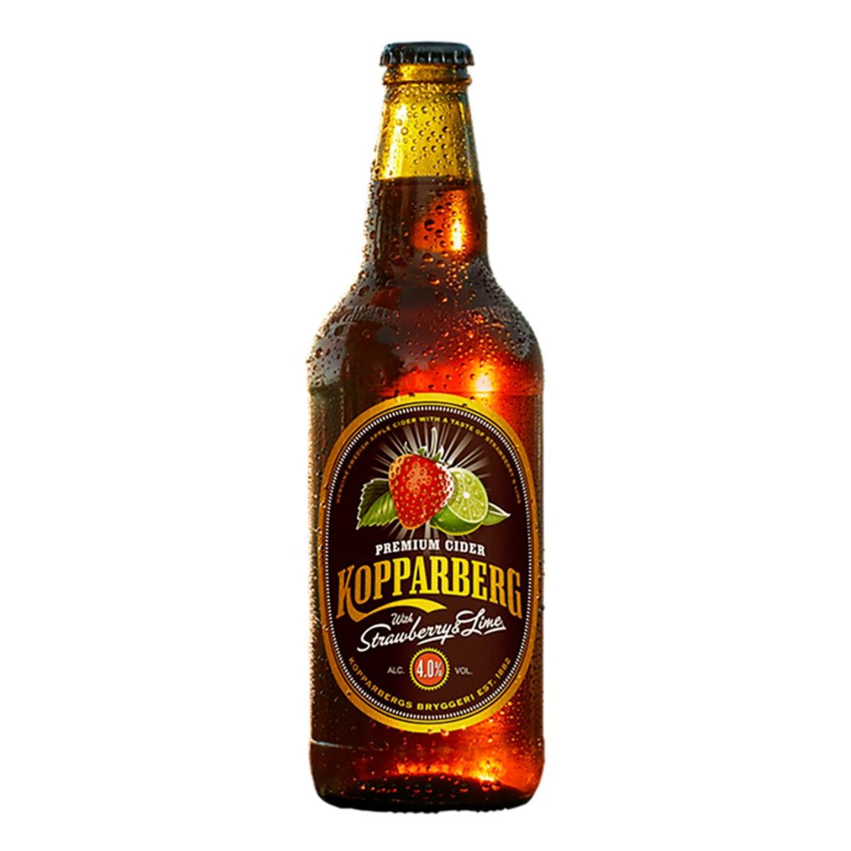 A bottle of Kopparberg - Premium Cider Strawberry & Lime (4.0% ABV) - 500ml on a white background.