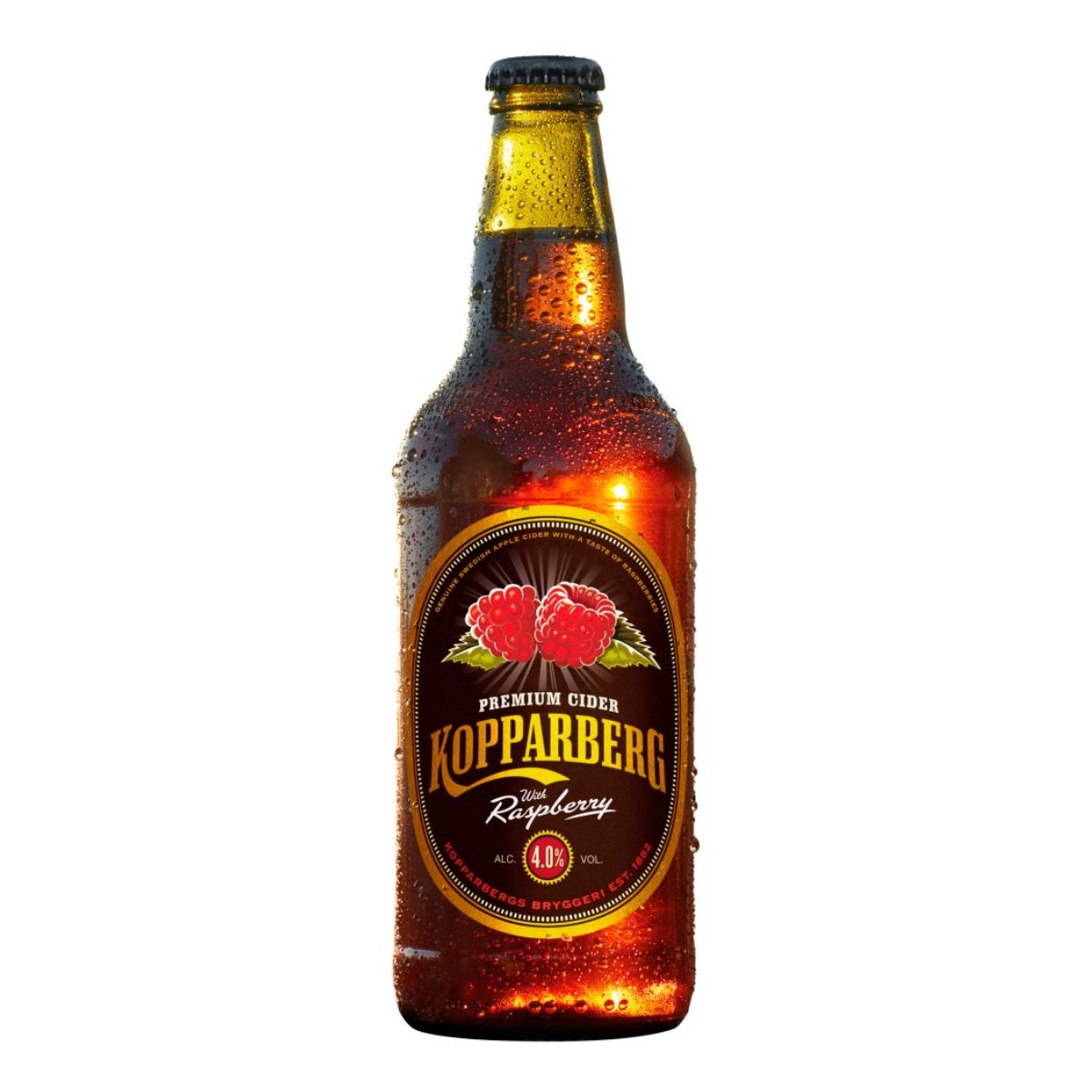 A bottle of Kopparberg - Premium Cider with Raspberry (4.0% ABV) - 500ml on a white background.