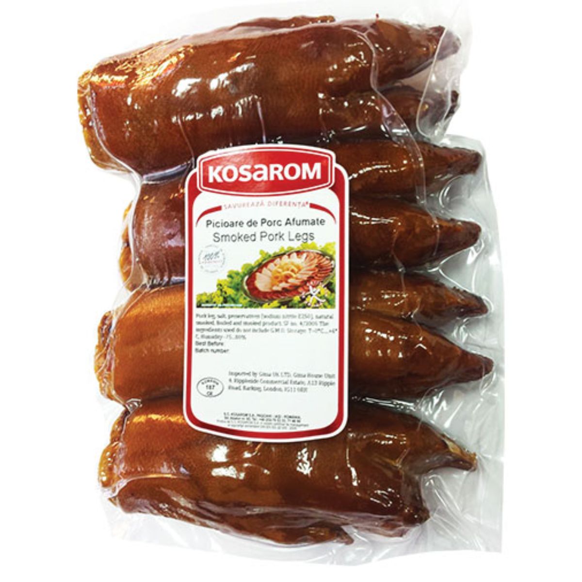 Multi-language labeled vacuum-sealed package of Kosarom smoked pork ribs, approximately 700g. Multi-language labeled vacuum-sealed package of Kosarom smoked pork ribs, approximately 700g.