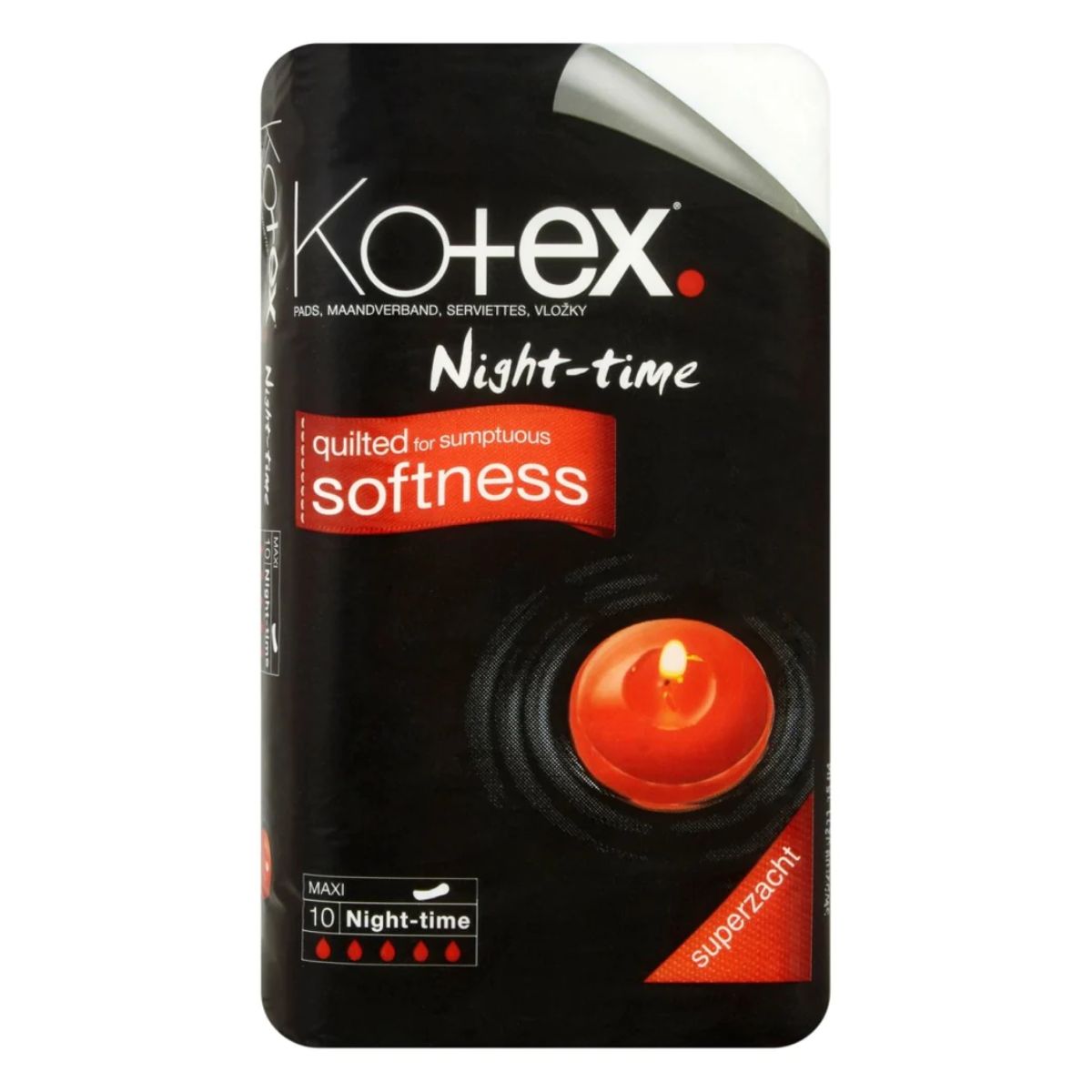 A package of Kotex Night Time Maxi Pads with 10 pieces, advertised as quilted for sumptuous softness.